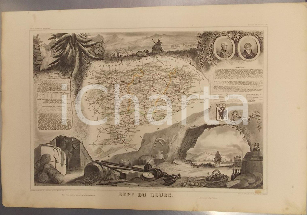 Stampa, bozzetto originale 1861 PARIS Atlas National de la France  illustré  Département du DOUBS n° 24 1