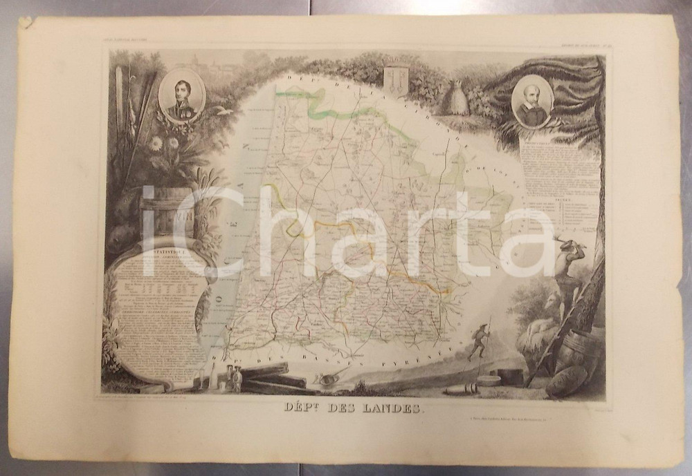 Stampa, bozzetto originale 1861 PARIS Atlas National de la France illustré Département des LANDES n° 39 2 1