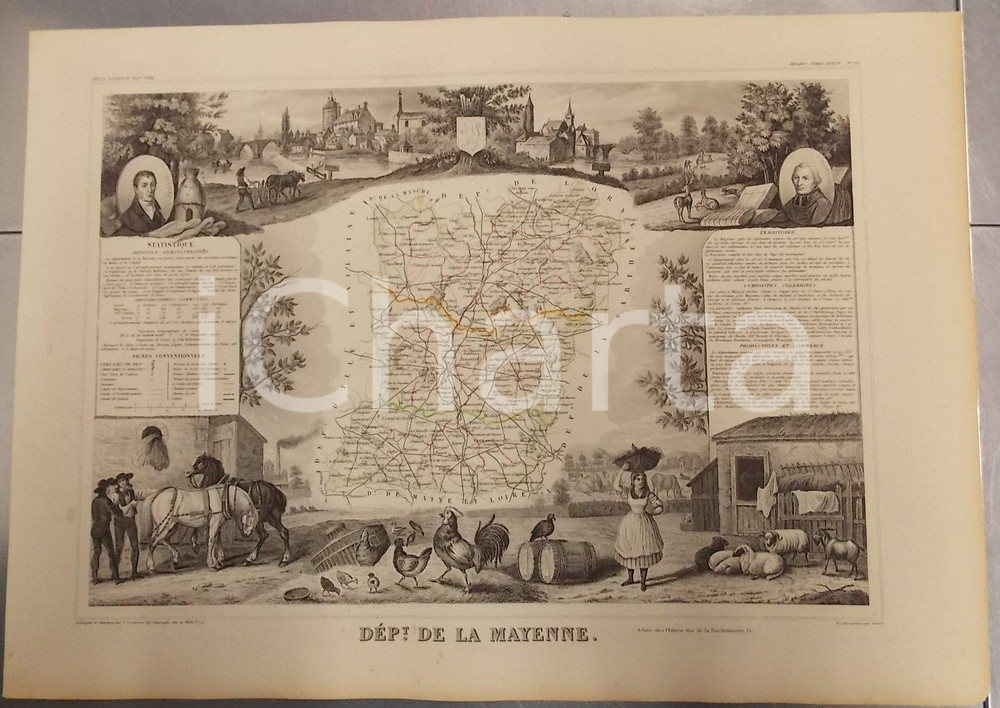 Stampa, bozzetto originale 1861 PARIS Atlas National de la France illustré  Département MAYENNE n. 52 4 1