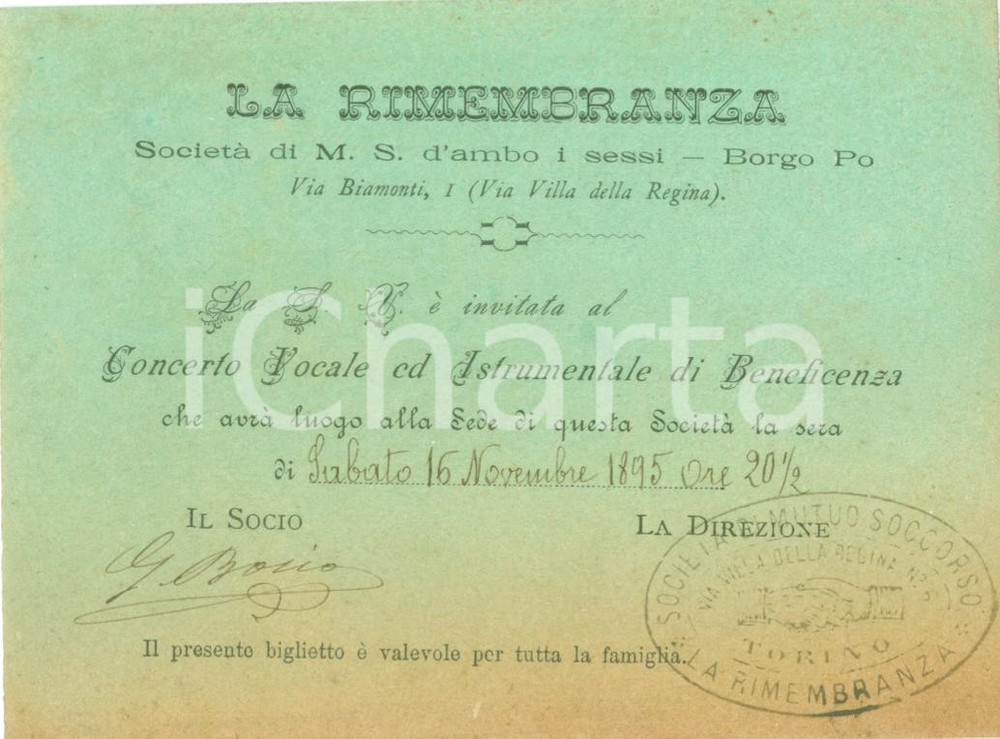 Documento originale, autentico 1895 TORINO BORGO PO Società LA RIMEMBRANZA Concerto di beneficenza Invito 1