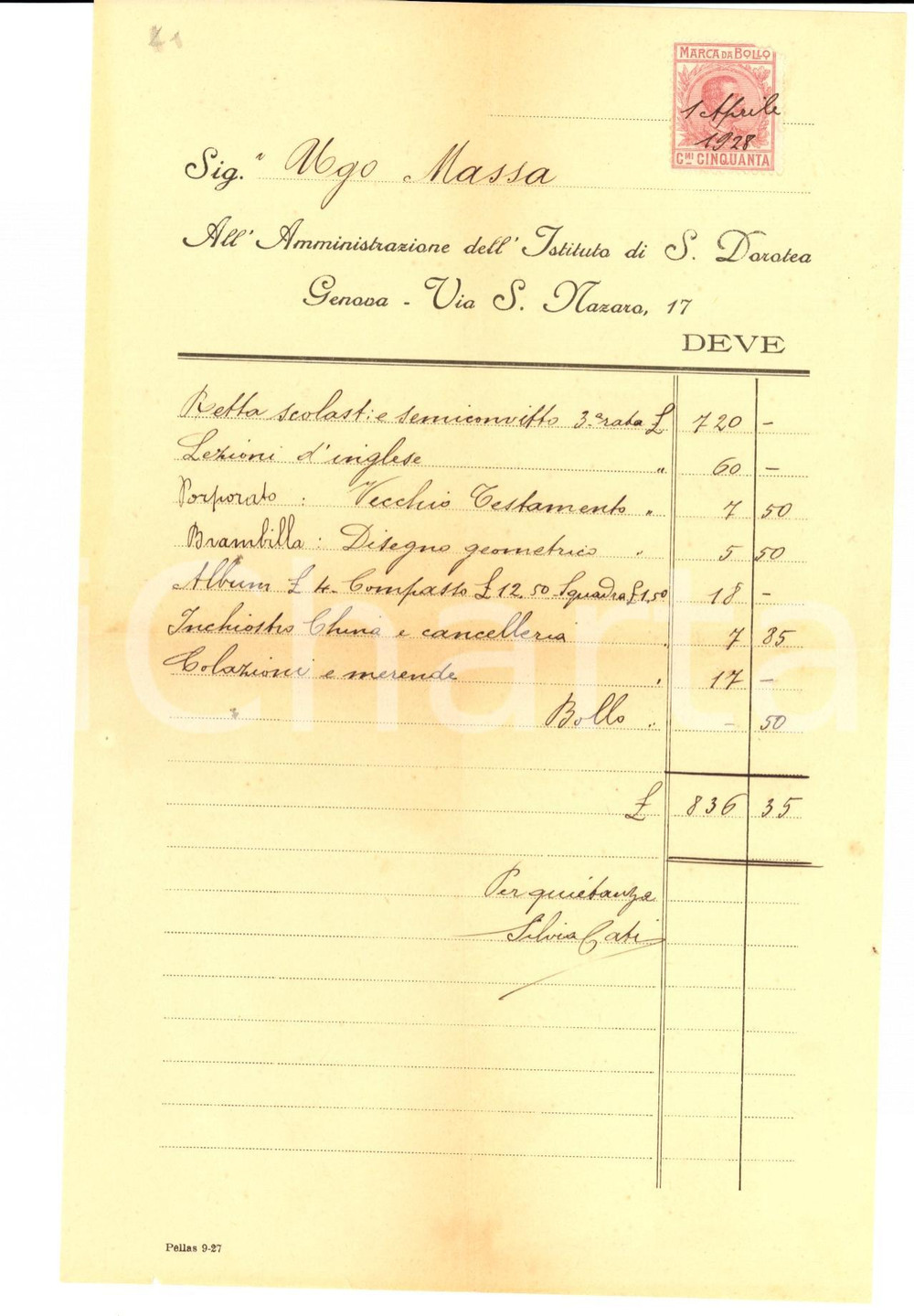 Documento originale, autentico 1928 GENOVA Conto dell'Istituto di SANTA DOROTEA 1