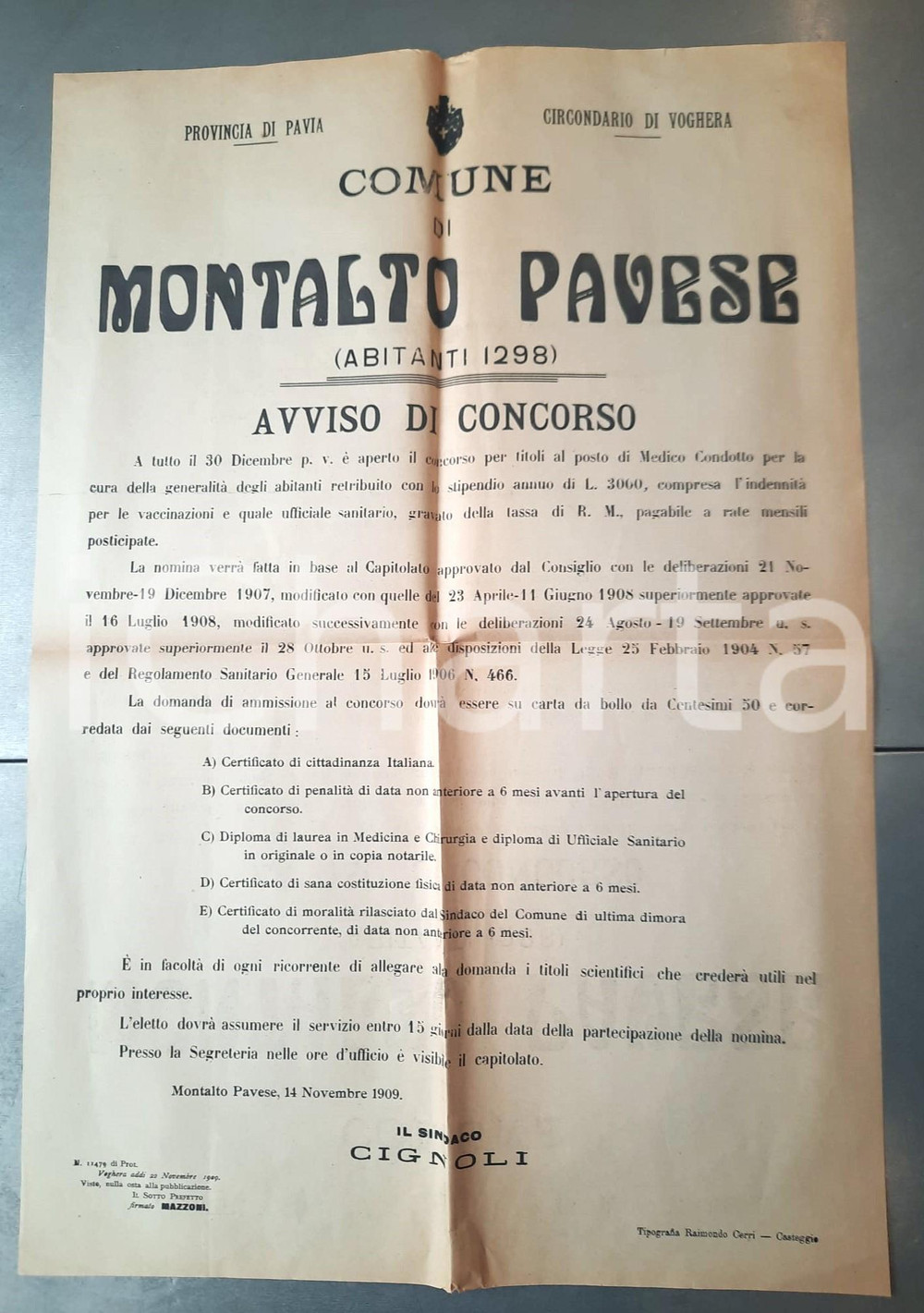 Documento originale, autentico 1909 MONTALTO PAVESE (PV) Concorso per medico condotto MANIFESTO 1