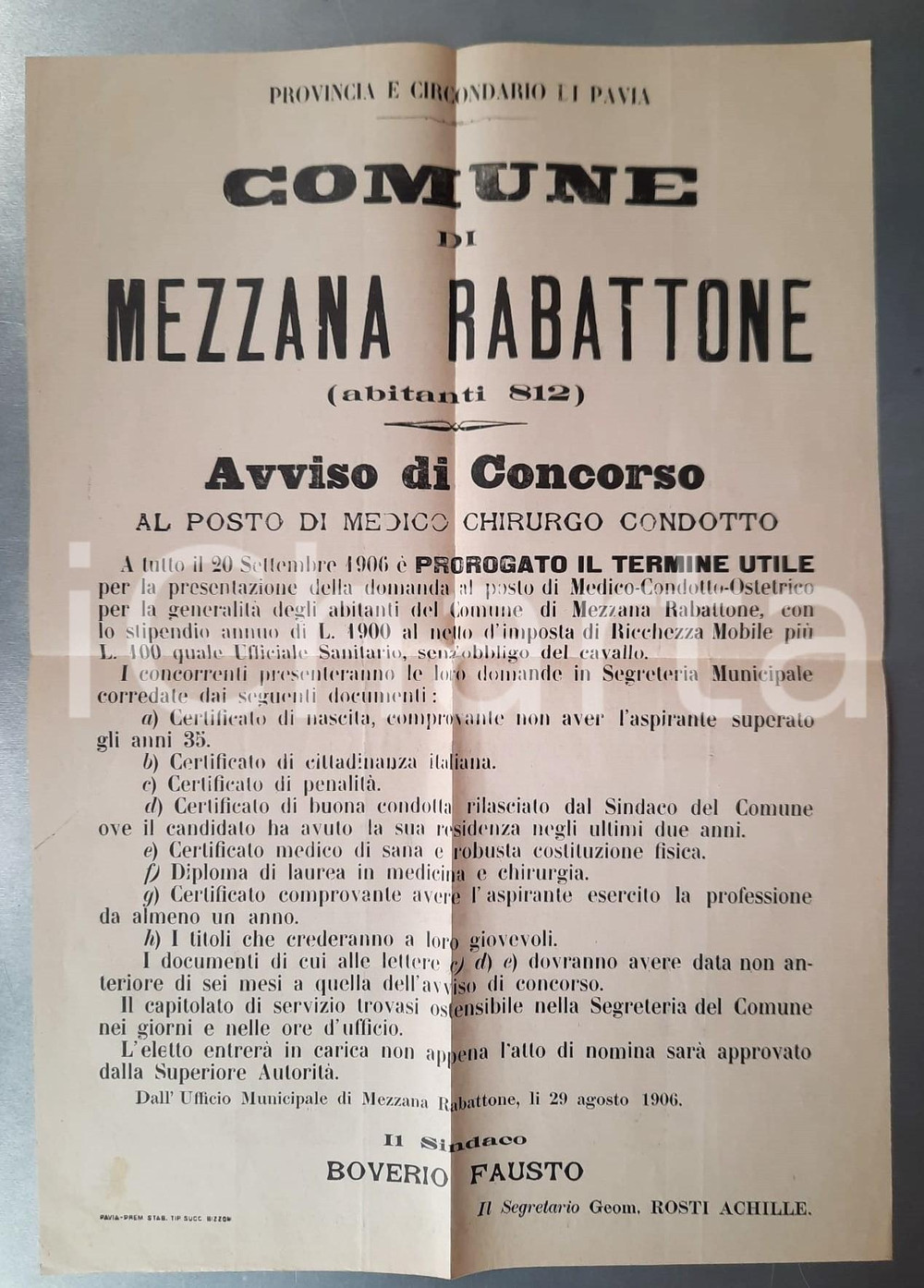 Documento originale, autentico 1906 MEZZANA RABATTONE (PV) Concorso per medico condotto MANIFESTO 1