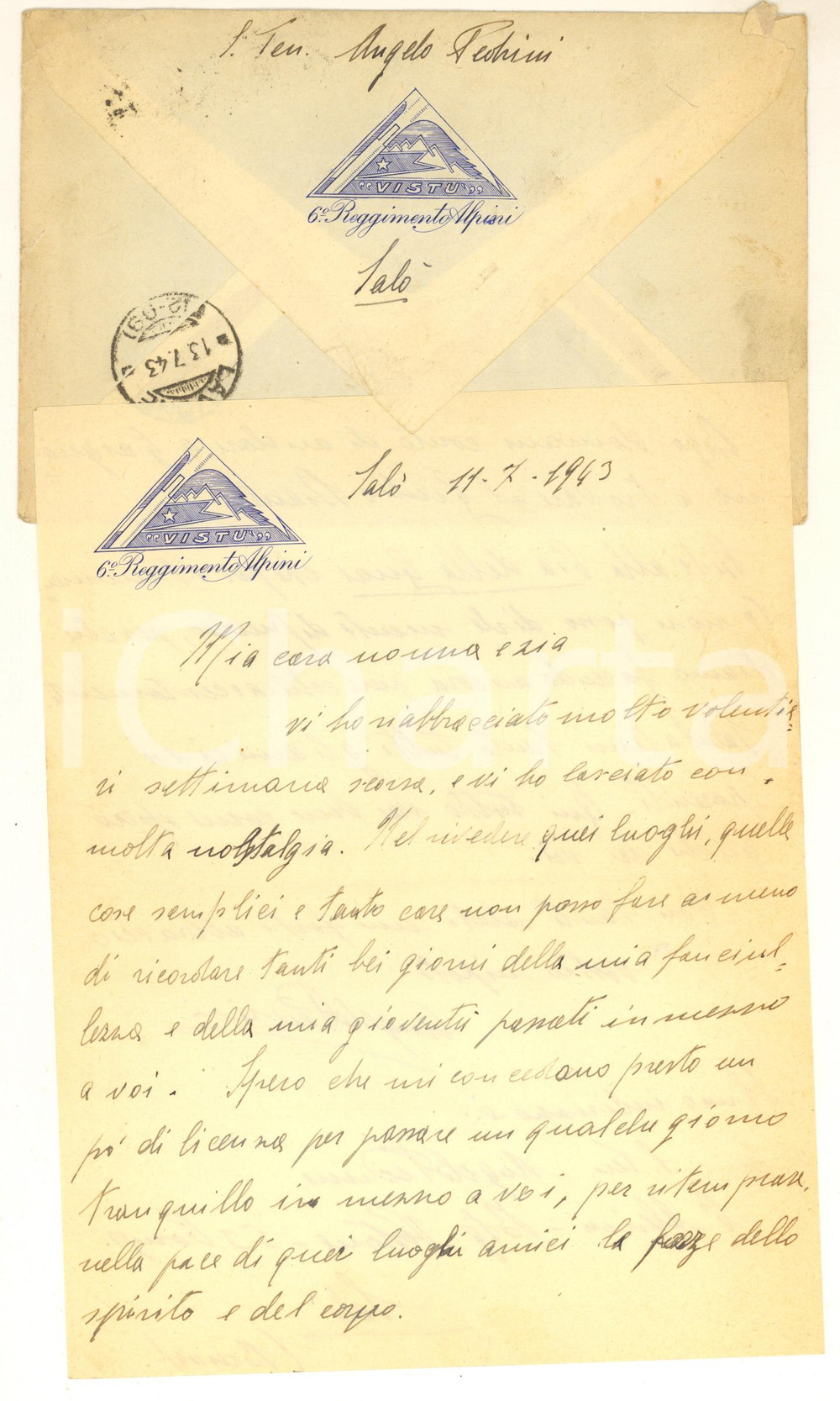 1943 SALO' 6° Reggimento Alpini - Lettera s. ten. Angelo PEDRINI Lettera originale d'epoca, scritta da un sottufficiale degli Alpini alla famiglia.Su carta intestata; busta viaggiata.PAGINE: 1 (2 facciate)  FAIR/discreto piegature d'epoca Formato: 16x21 cm originale e autentica 1