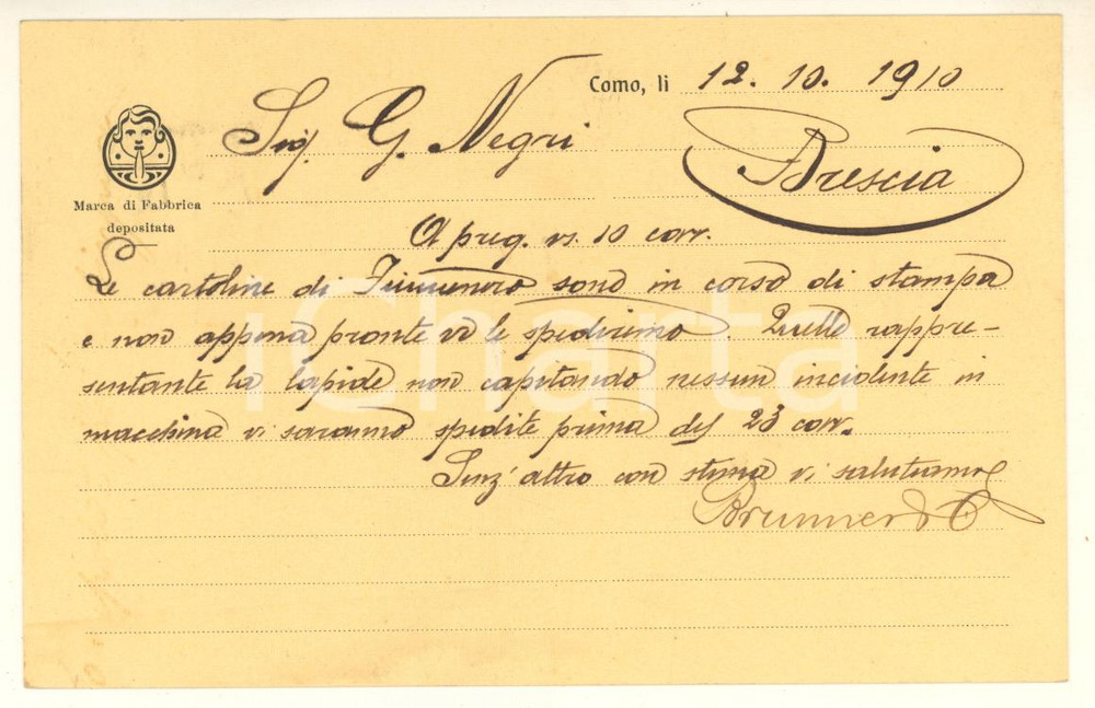 1910 COMO - BRUNNER & C. Riproduzioni artistiche  - Cartolina postale intestata Cartolina postale, originale d'epoca, relativa a un invio di cartolina.Intestata e viaggiata. GOOD/buono  Formato: 14x9 cm originale e autentica 1