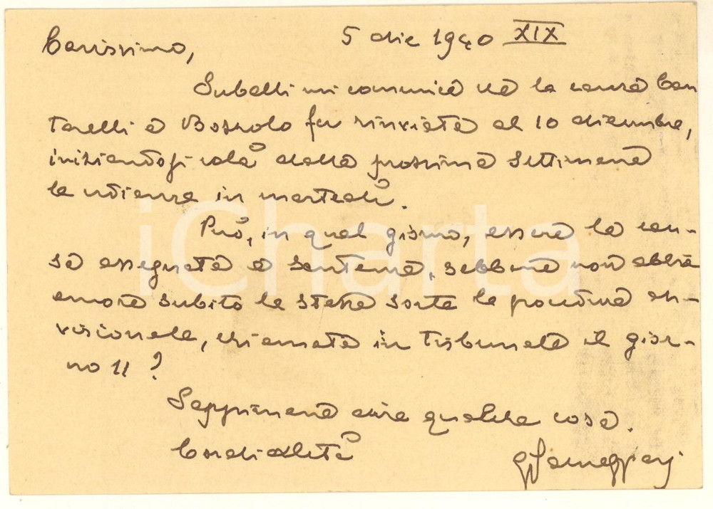 1940 MANTOVA Avv. Comm. Giannino PARMEGGIANI - Cartolina autografa Cartolina postale autografa, originale d'epoca, relativa a una causa. Intestata e viaggiata. GOOD/buono  Formato: 15x10 cm originale e autentica 1