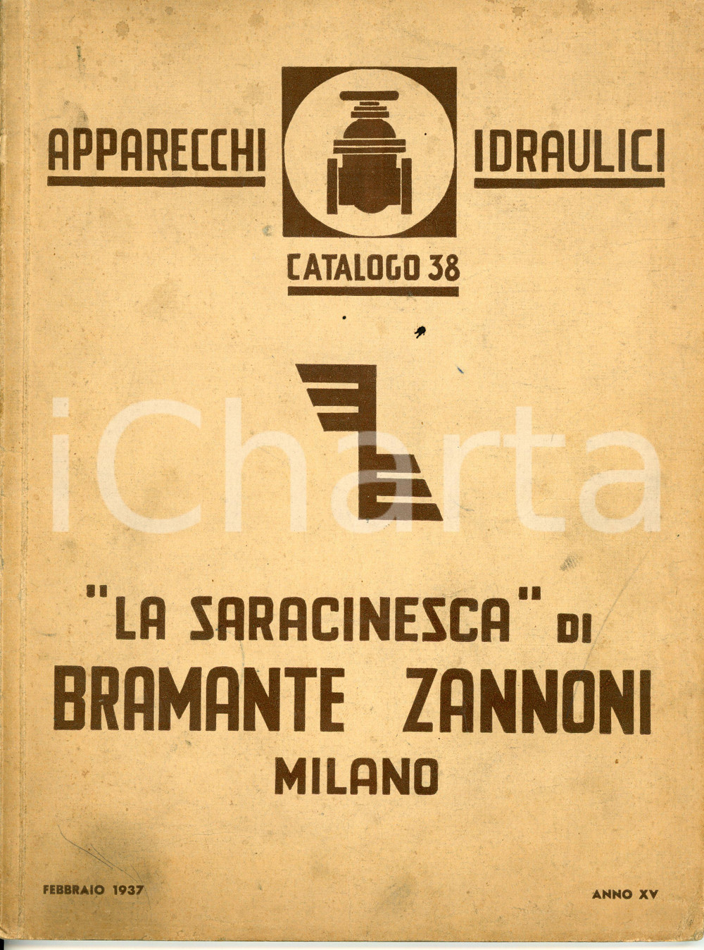 1937 MILANO La saracinesca di Bramante ZANNONI Apparecchi idraulici - Catalogo Catalogo illustrato d'epoca.PAGINE: 87 VERY POOR/gravemente danneggiato Macchie e bruniture diffuse, parziale distacco della quarta di copertina dal dorso Formato: 21x28 originale e autentica 1