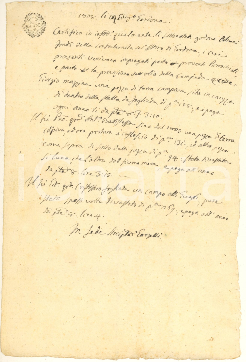 1808 GORDONA (SO) Terre Confraternita del Santissimo ad uso di parrocchiani Documento manoscritto, originale d'epoca, con il quale l'arciprete Garzelli attesta che tre cittadini utilizzano beni fondiari di una confraternita, ma il ricavato è destinato alla parrocchia.PAGINE: 1 GOOD/buono  Formato: 20x30 cm originale e autentica 1