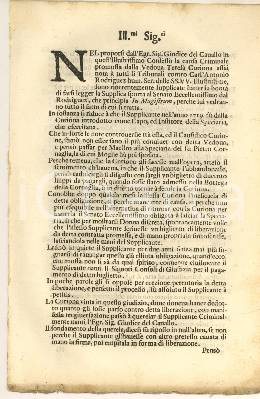 Documento originale, autentico 1730 ca MILANO Lite vedova Teresa CURIONA vs Carl Antonio RODRIGUEZ convivente 1
