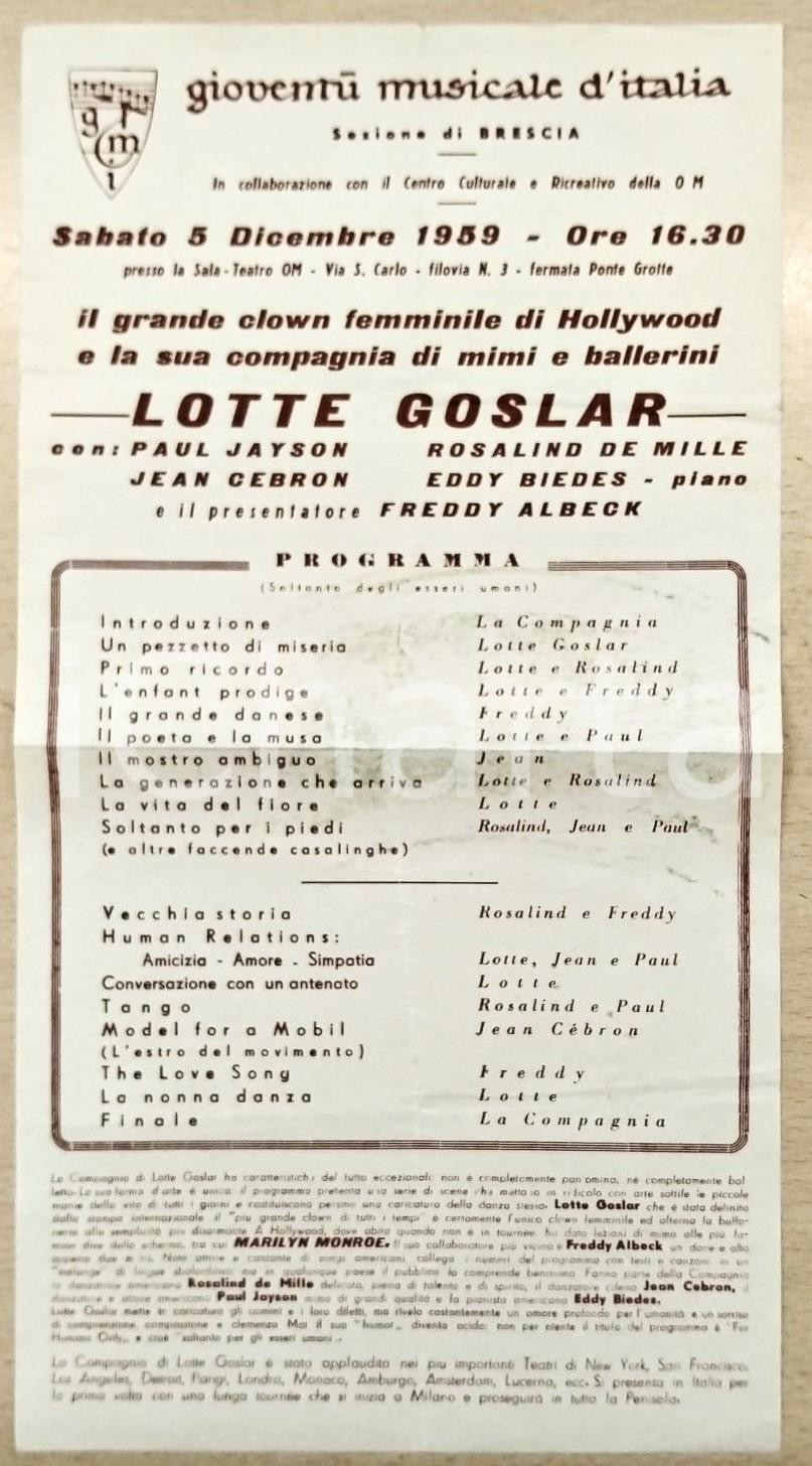 1959 BRESCIA Gioventù musicale d'Italia - Lotte GOSLAR Clown donna - Locandina Locandina d'epoca.  POOR/danneggiato Piegature centrali d'epoca, alone al recto Formato: 17x32 cm originale e autentica 1