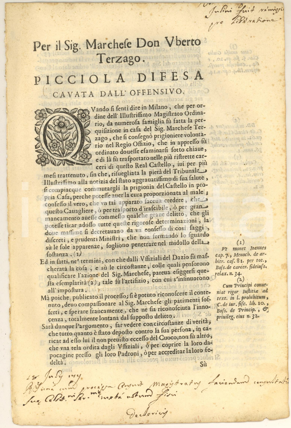 Documento originale, autentico 1711 MILANO Difesa marchese Uberto TERZAGHI accusato di bastonate ai Daziari 1