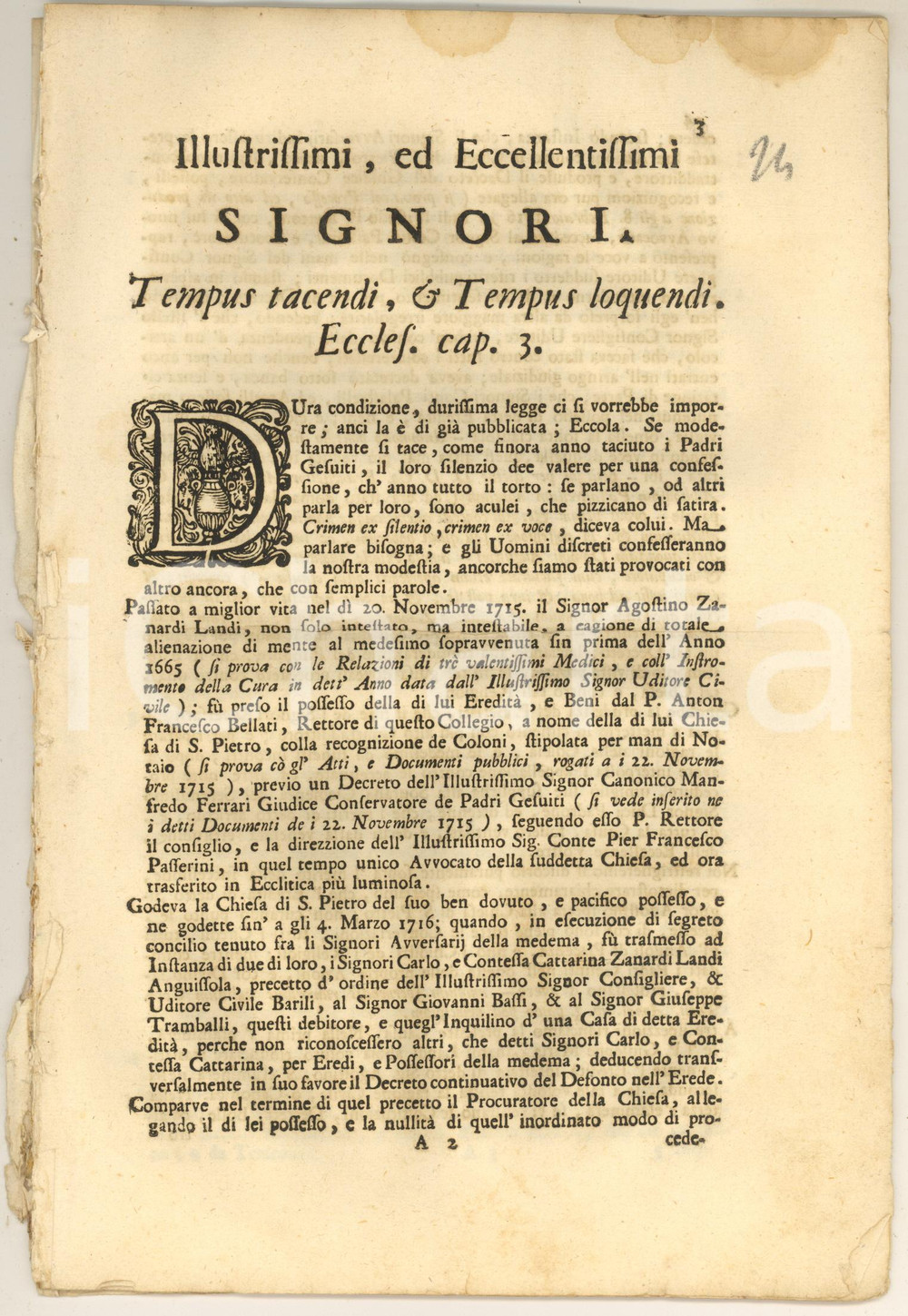 Documento originale, autentico 1720 ca PIACENZA Lite per eredità Agostino ZANARDI LANDI tra parenti e Gesuiti 1