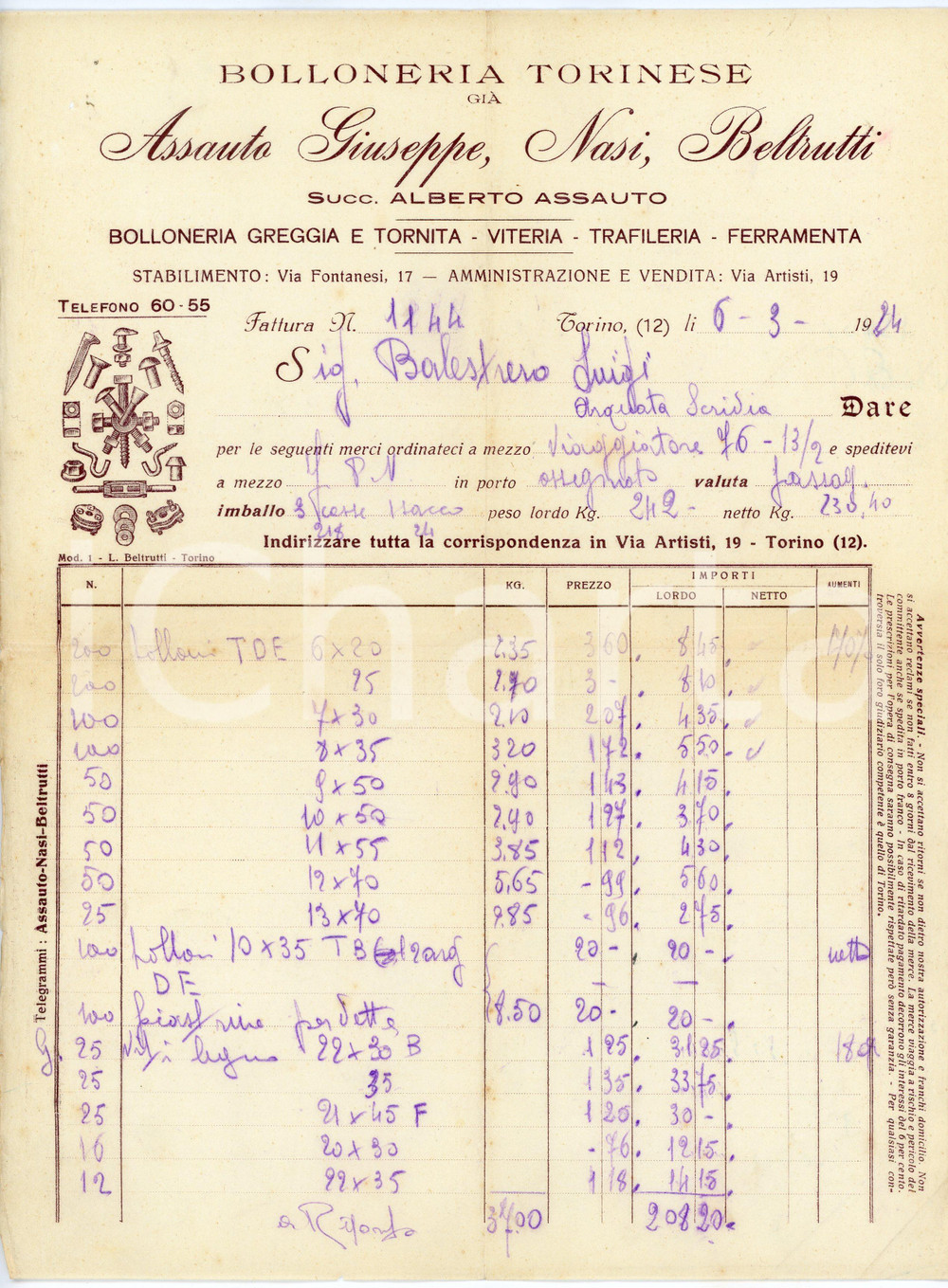 1924 TORINO - ASSAUTO, NASI, BELTRUTTI - Bolloneria Torinese ^Fattura Fattura d'epoca, a stampa con inserti manoscritti, su carta intestata illustrata.Torino - via Artisti 19.CONDIZIONI: F (piegature d'epoca, piccolo foro al lato superiore sinistro)PAGINE: 1    originale e autentica 1