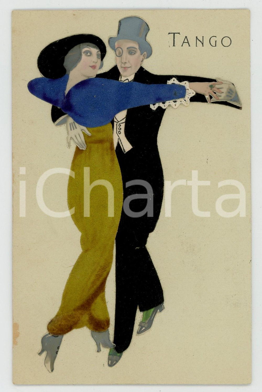 1920 ca DANCE TANGO - Collage cloth - Embroidered old postcard  Cartolina postale d'epoca, non viaggiata. GOOD/buono lievi fioriture al verso Formato: 9x14 cm originale e autentica 1