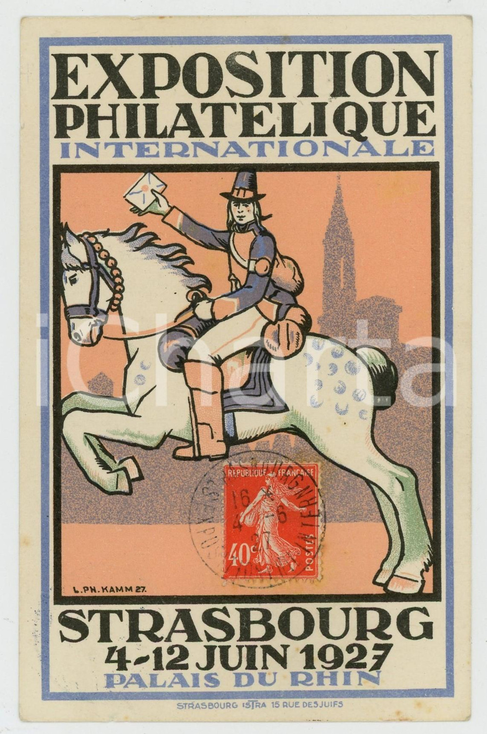 1927 STRASBOURG Exposition Philatélique Internationale *Carte postale ill. KAMM  Cartolina postale d'epoca, con annullo della manifestazione, illustrata da Louis Philippe Kamm. GOOD/buono  Formato: 9x14 cm originale e autentica 1