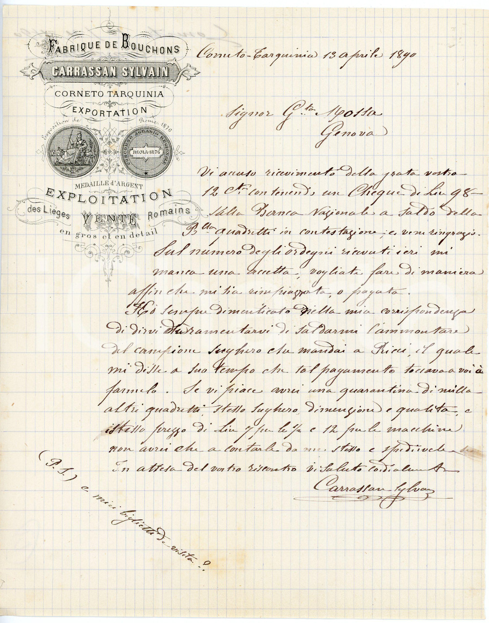 1890 TARQUINIA (VT) - Sylvain CARRASSAN - Fabrique de Bouchons - Lettera Lettera commerciale d'epoca, manoscritta, su carta intestata.CONDIZIONI: F (piegature d'epoca e piccole macchie)PAGINE: 1    originale e autentica 1