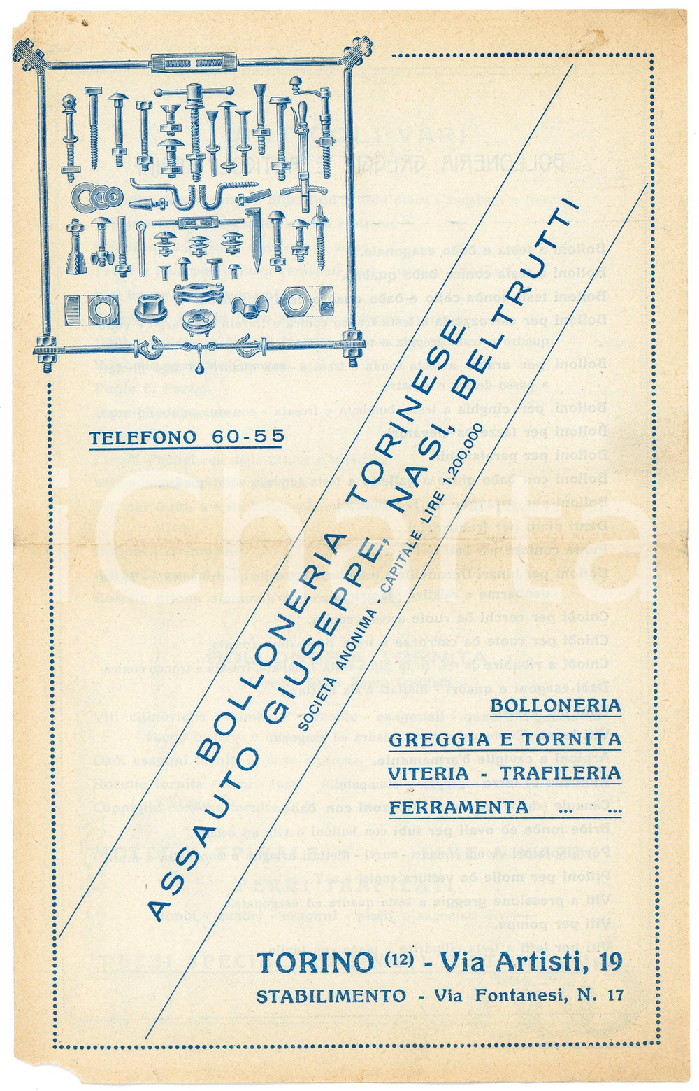 1925 ca TORINO - ASSAUTO, NASI, BELTRUTTI - Bolloneria Torinese - Pieghevole Pieghevole pubblicitario illustrato.Torino, Via Artisti, 19.PAGINE: 4 POOR/danneggiato piegature d'epoca, mancanza degli angoli al lato sinistro e lieve abrasione vicino all'angolo superiore destro  originale e autentica 1