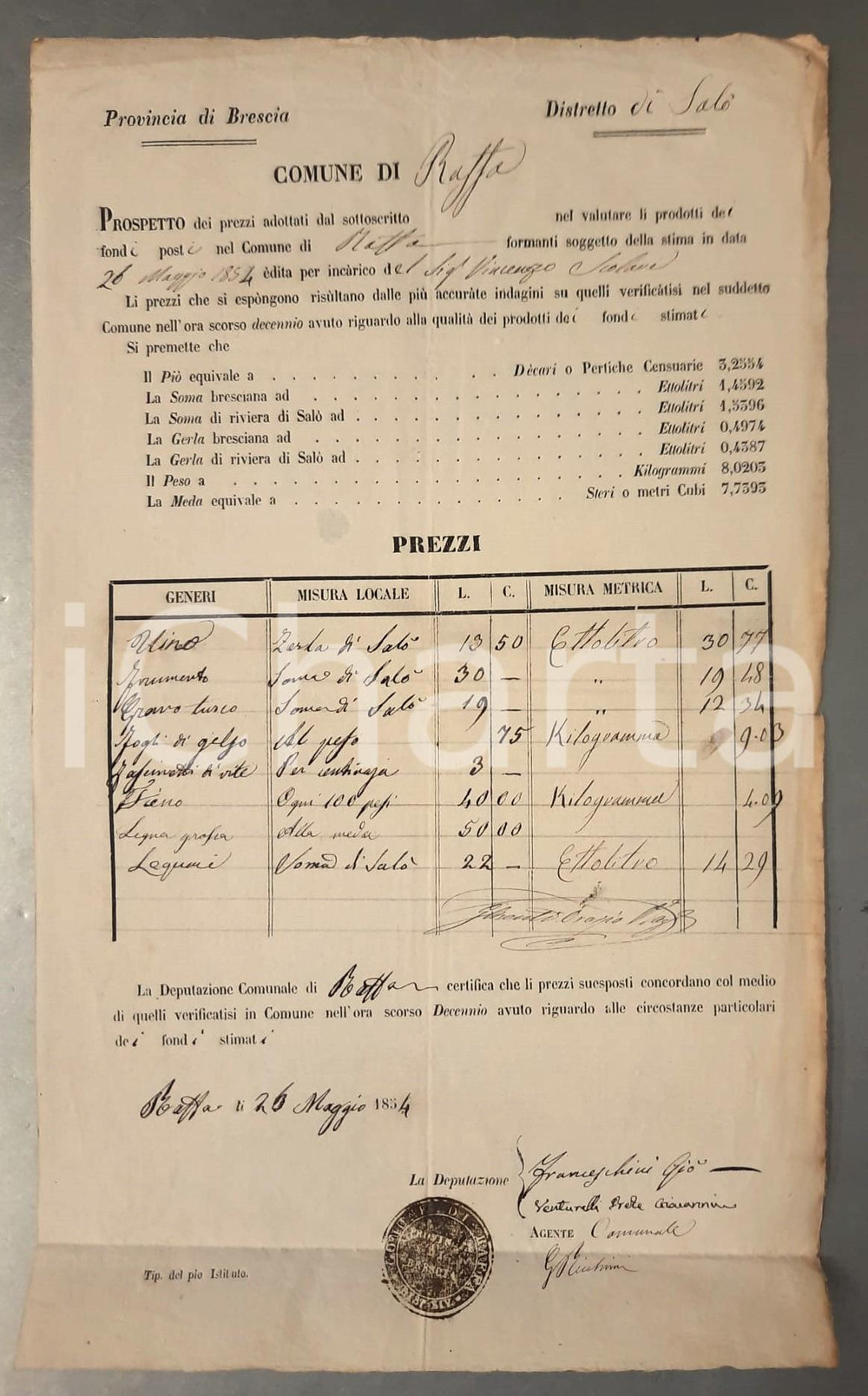 1854 RAFFA / PUEGNAGO DEL GARDA Prezzi dei prodotti della campagna *Documento  Documento a stampa con inserti manoscritti, originale d'epoca, con il quale si stabilisce il valore dei prodotti delle campagne della zona: vino, frumento, granoturco, "fogli di gelso", "fascinetti di vite", fieno, legna e legumi.Interessante testimonianza di storia locale. FAIR/discreto piegature d'epoca e lieve ingiallimento marginale Formato: 22x36 cm originale e autentica 1