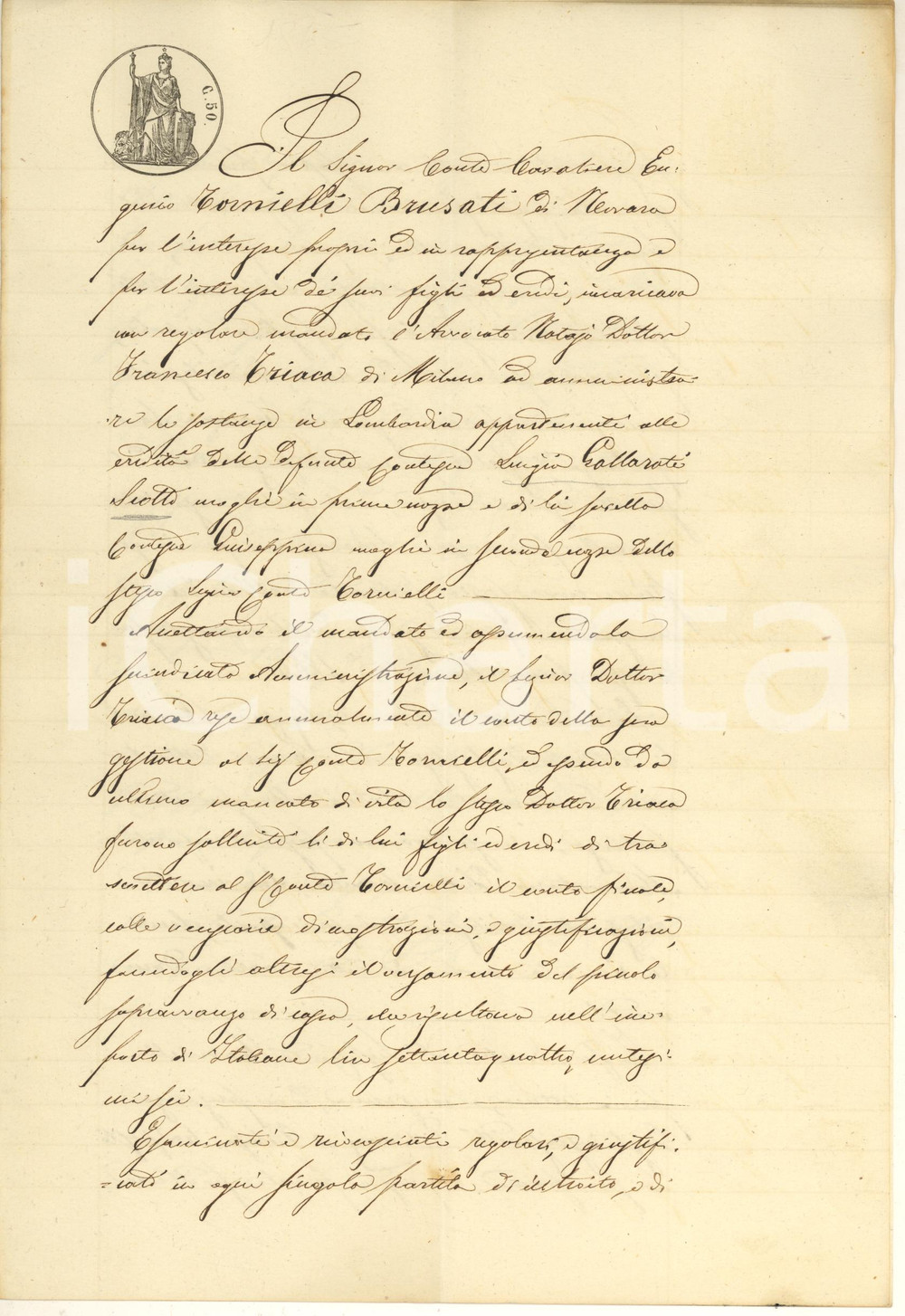 1866 NOVARA Quietanza conte Eugenio BRUSATI TORNIELLI a eredi TRIACA  Documento manoscritto, originale d'epoca, che contiene la quietanza del conte Brusati Tornielli agli eredi dell'avvocato Francesco Triaca, relativa alla ricezione dei documenti in mano all'avvocato e ai conti rimasti in sospeso.L'avvocato Triaca era l'amministratore dei beni situati in Lombardia appartenuti alla defunta prima moglie del conte, Luigia Gallarati Scotti, e alla defunta sorella Giuseppina. PAGINE: 4 (1 bianca) GOOD/buono piegature d'epoca Formato: 21x31 cm originale e autentica 1