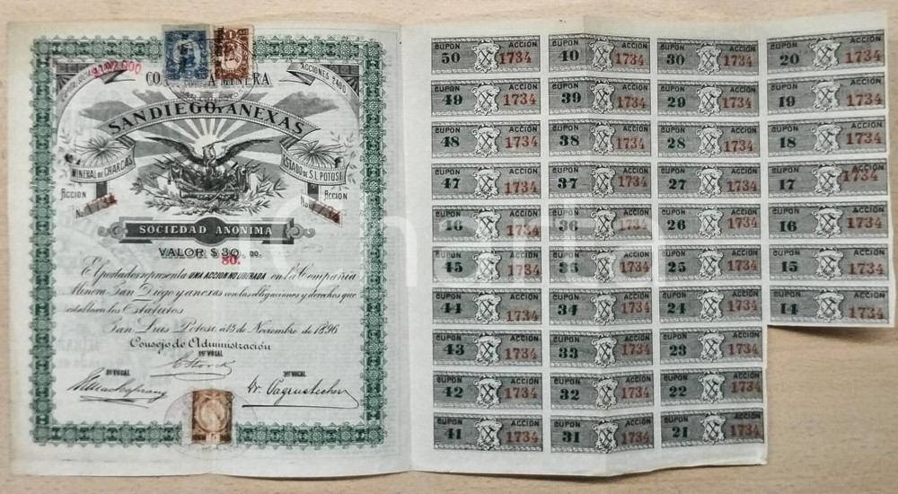 1896 SAN LUIS POTOSI Compañía minera SAN DIEGO Y ANEXAS Share certificate Certificato azionario d'epoca, con 37 cedole.  POOR/danneggiato Piegature centrali d'epoca, gualciture al margine inferiore Formato: 20x22 cm originale e autentica 1