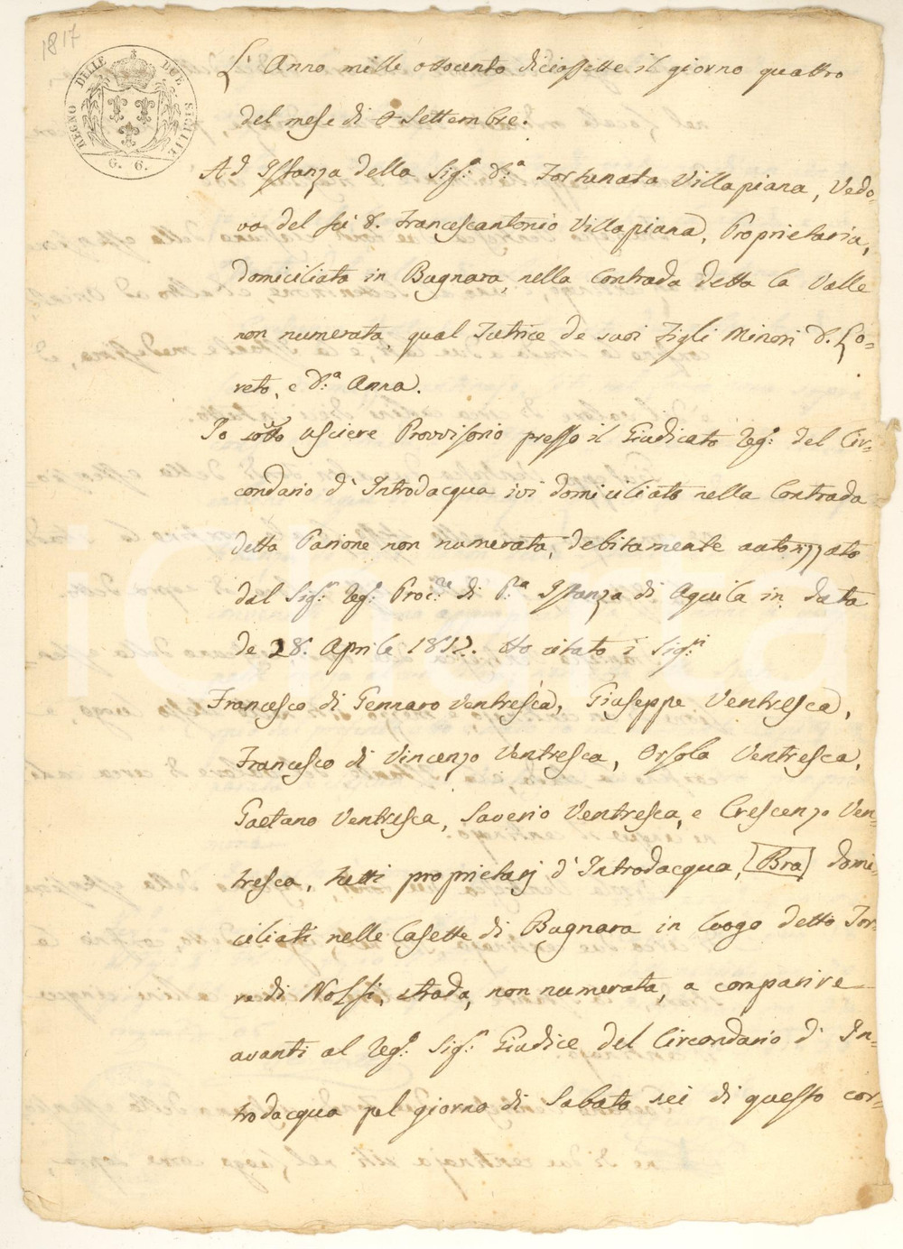 1817 BAGNARA CALABRA Famiglia VENTRESCA condannata a liberare terre  Documento manoscritto, originale d'epoca, relativo alla condanna della famiglia Ventresca (Francesco di Gennaro Ventresca, Giuseppe, Francesco di Vincenzo Ventresca, Orsola, Gaetano, Saverio e Crescenzo), che doveva liberare alcuni fondi.Su carta bollata g.6 Regno delle Due Sicilie.PAGINE: 4 (1 bianca) GOOD/buono piegature d'epoca Formato: 21x31 cm originale e autentica 1