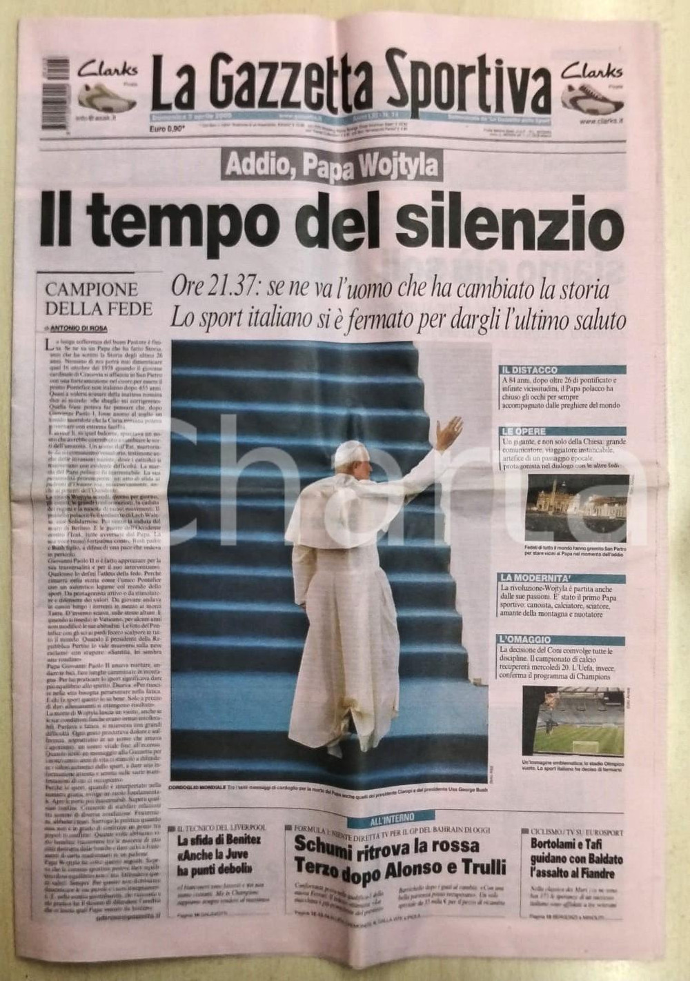 3 aprile 2005 GAZZETTA DELLO SPORT Morte di Papa Giovanni Paolo II Karol WOJTYLA Quotidiano originale. PAGINE: 31 FAIR/discreto Piegature centrali Formato: 35x50  cm originale e autentica 1