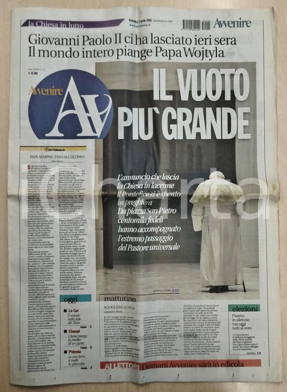3 aprile 2005 AVVENIRE Morte di Papa Giovanni Paolo II Karol WOJTYLA Quotidiano Quotidiano originale.PAGINE: 33 FAIR/discreto Piegature centrali, alone in corrispondenza della piegatura centrale Formato: 38x52  cm originale e autentica 1