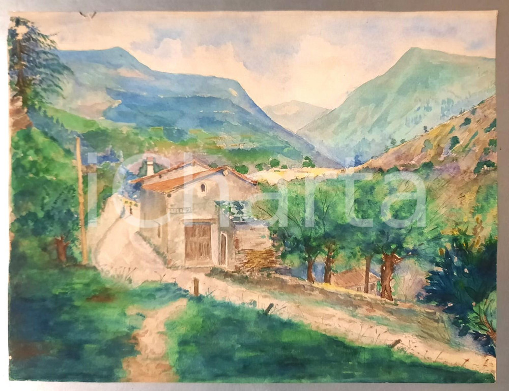 1939 Giovanna CANOSSI - Veduta di SALETTO *Acquerello su carta - Autografo Acquerello originale, con didascalia autografa al verso dell'autrice, Giovanna Canossi, nipote del poeta Angelo.Saletto era una località di villeggiatura della famiglia. POOR/danneggiato piegatura con piccolo strappo al lato superiore Formato: 33x25 cm originale e autentica 1