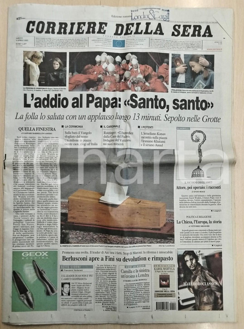 9 aprile 2005 AVVENIRE Funerale Papa Giovanni Paolo II Karol WOJTYLA Quotidiano Quotidiano originale.Edizione romana. Con timbro "Hotel Londa & Cargill - Roma"PAGINE: 47 FAIR/discreto Piegature centrali, piegatura all'angolo superiore destro Formato: 37x52  cm originale e autentica 1