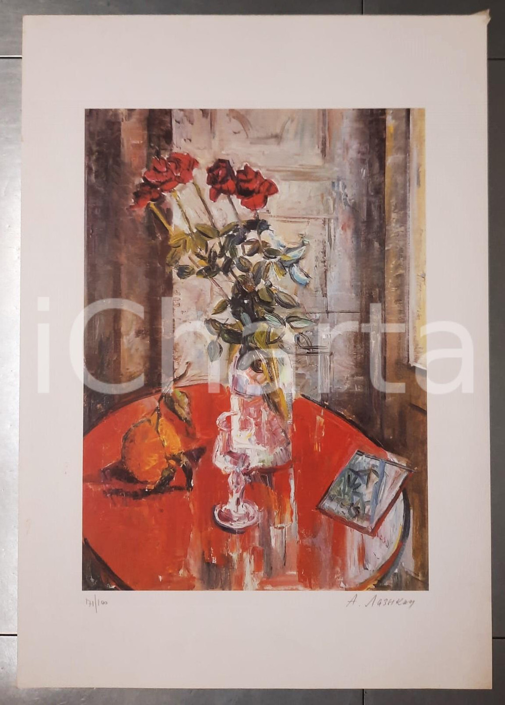 1990 ca Artista Alekseij LAZYKIN - Natura morta *Litografia 71/100 AUTOGRAFATA  Litografia originale autografata (n° 71/100). FAIR/discreto piccole macchie marginali Formato: 50x70 cm originale e autentica 1