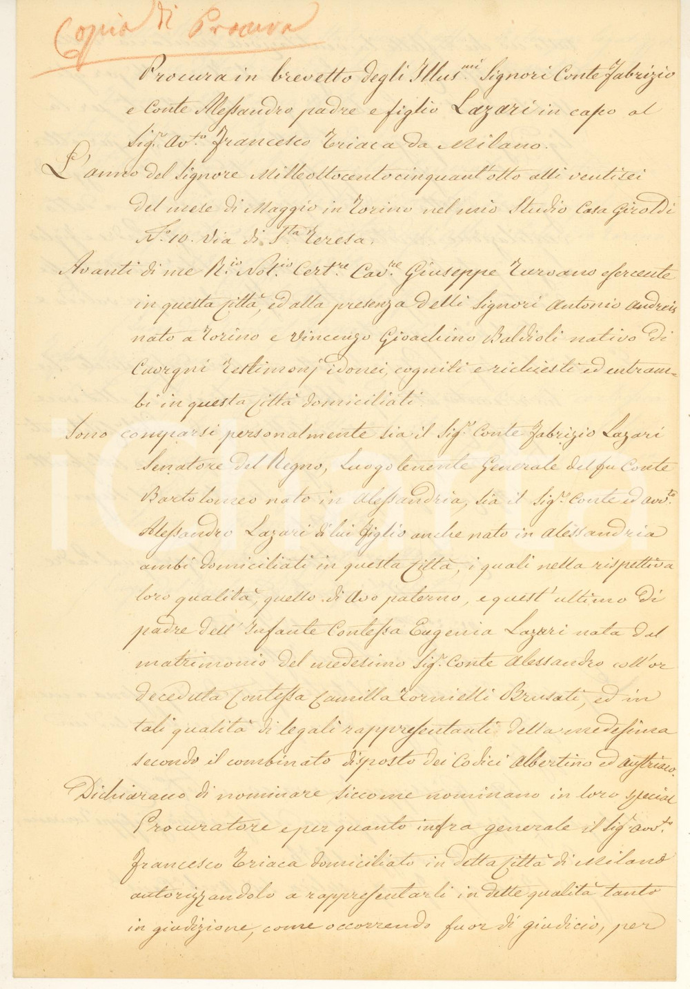 1858 MILANO Procura conti Alessandro e Fabrizio LAZARI all'avv. Francesco TRIACA Documento manoscritto, originale d'epoca.PAGINE: 4 (1 bianca) GOOD/buono lievi piegature d'epoca Formato: 19x28 cm originale e autentica 1