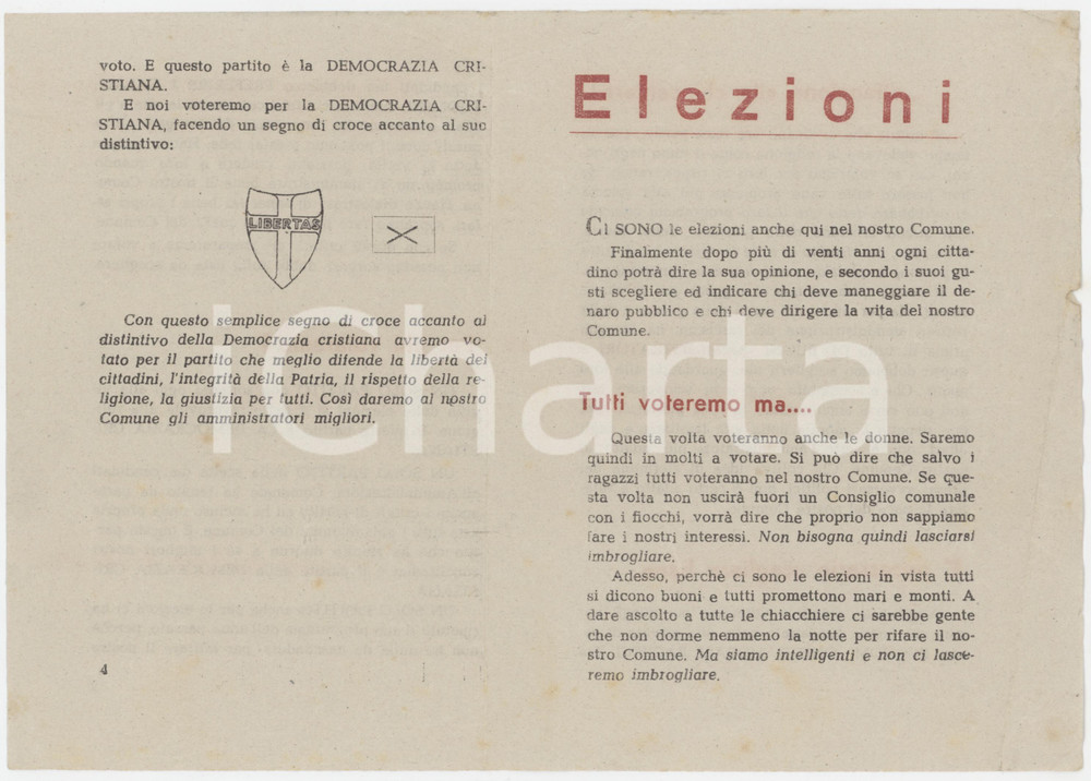 ELEZIONI Amministrative 1946 - DEMOCRAZIA CRISTIANA *Pieghevole PROPAGANDA Pieghevole di propaganda politica, originale.PAGINE: 4 facciate FAIR/discreto piegature d'epoca e gualciture Formato: 12x18 cm originale e autentica 1
