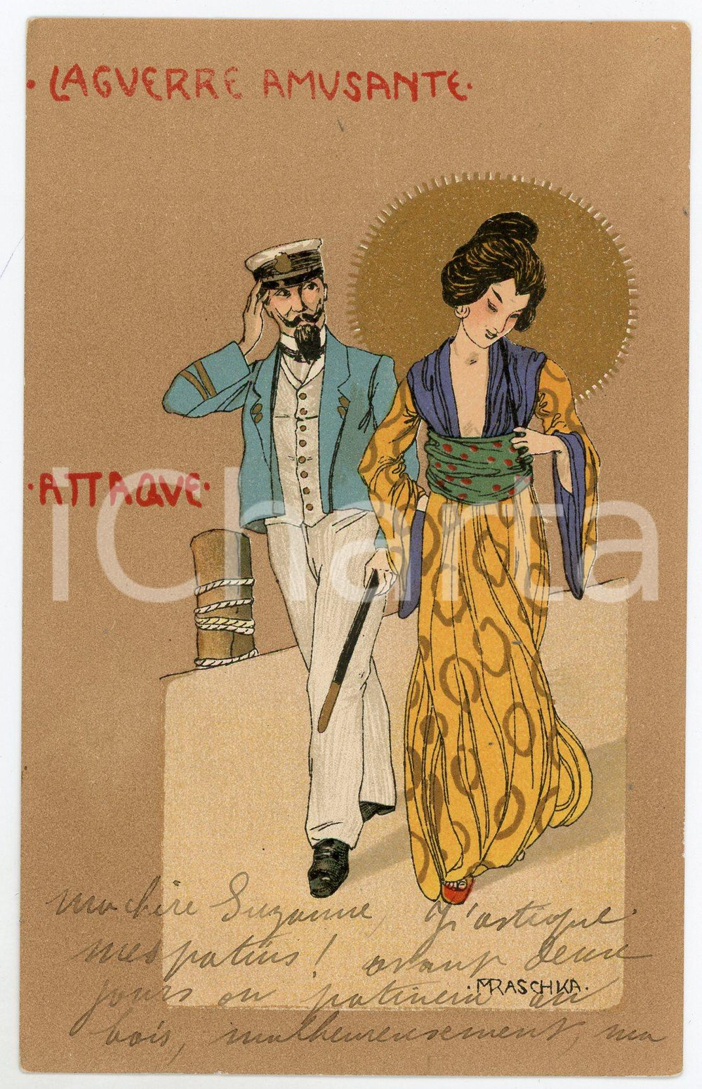 1900 ca ART NOUVEAU RASCHKA La Guerre Amusante - Attaque ^Postcard geisha  Rara cartolina postale d'epoca, opera dell'artista e illustratore Raphael Kirchner (che utilizza lo pseudonimo Raschka), scritta ma non viaggiata.CONDIZIONI: G FORMATO: FP    originale e autentica 1