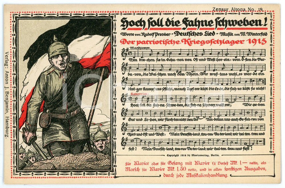 1915 ca WWI GERMANY "Hoch soll die Fahne schweben" - Patriotische postcard 2  Cartolina postale d'epoca, non viaggiata, che riproduce lo spartito della canzone. GOOD/buono  Formato: 14x9 cm originale e autentica 1