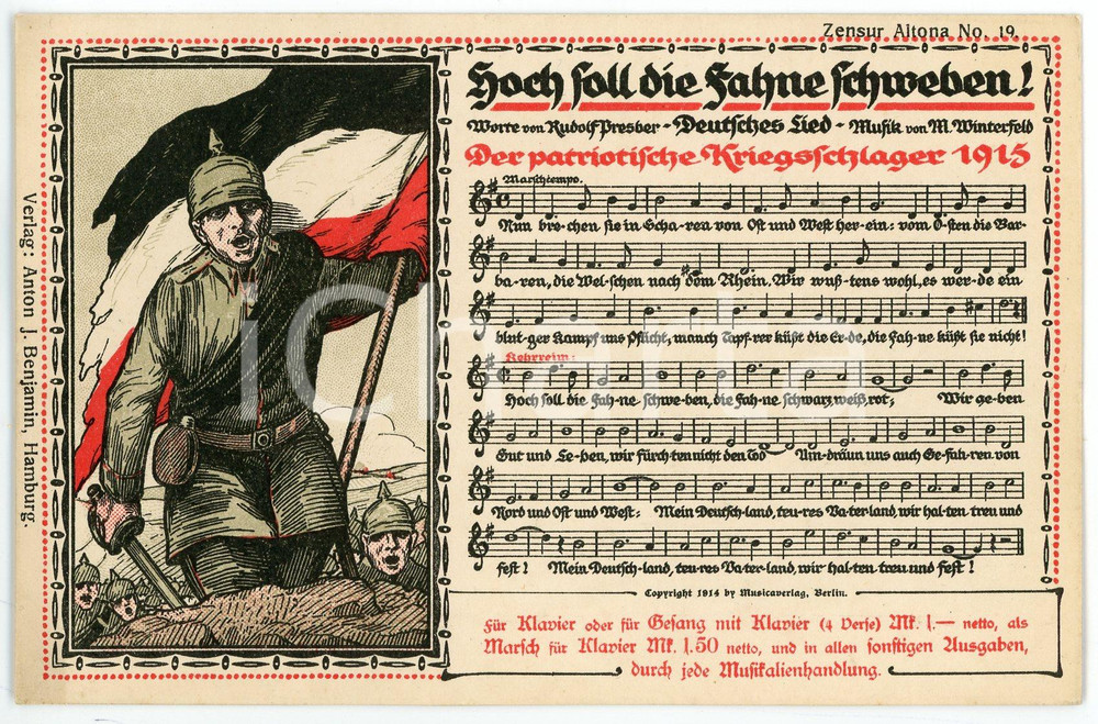 1915 ca WWI GERMANY "Hoch soll die Fahne schweben" - Patriotische postcard 1  Cartolina postale d'epoca, non viaggiata, che riproduce lo spartito della canzone. GOOD/buono  Formato: 14x9 cm originale e autentica 1