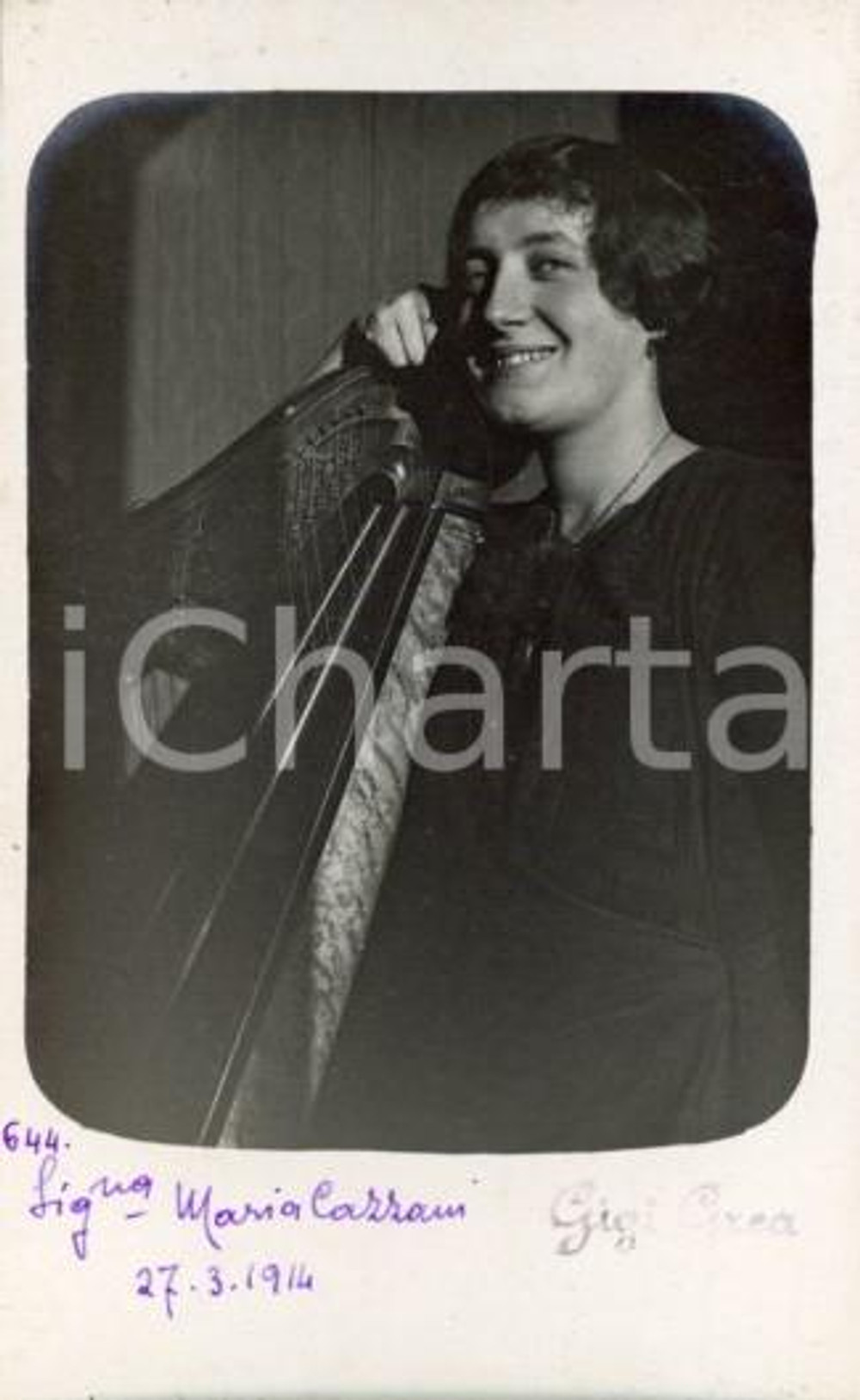 1914 ROMA Ritratto di Maria CAZZANI con l'arpa - Fotocartolina Luigi GREA Fotografia originale d'epoca.Si tratta di uno scatto realizzato da un fotografo amatoriale, Luigi "Gigi" Grea, funzionario delle ferrovie. GOOD/buono  Formato: 9x14 cm originale e autentica 1