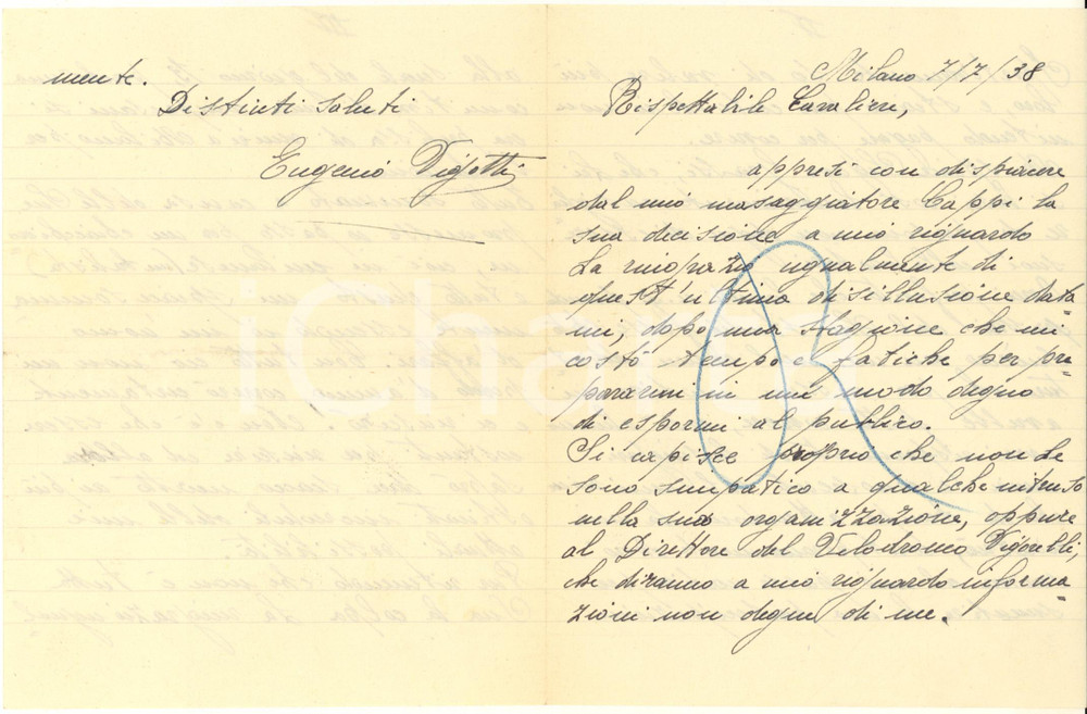 Autografo originale 1938 CICLISMO MILANO Eugenio VIGOTTI deluso per mancata convocazione AUTOGRAFO 1