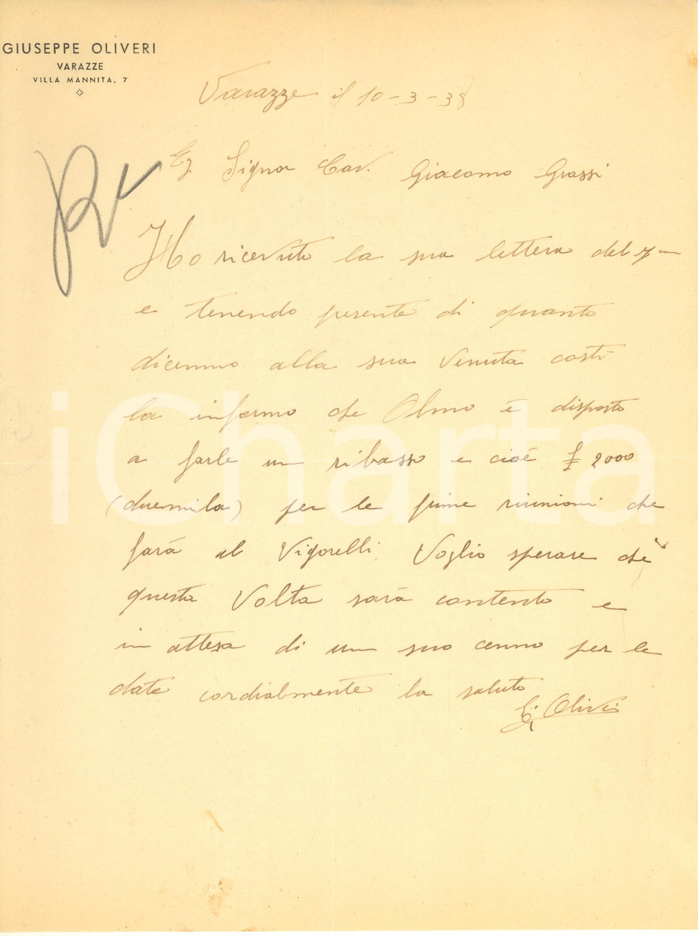 Autografo originale 1938 CICLISMO VARAZZE Giuseppe OLIVIERI su ingaggio di Giuseppe OLMO Autografo 1