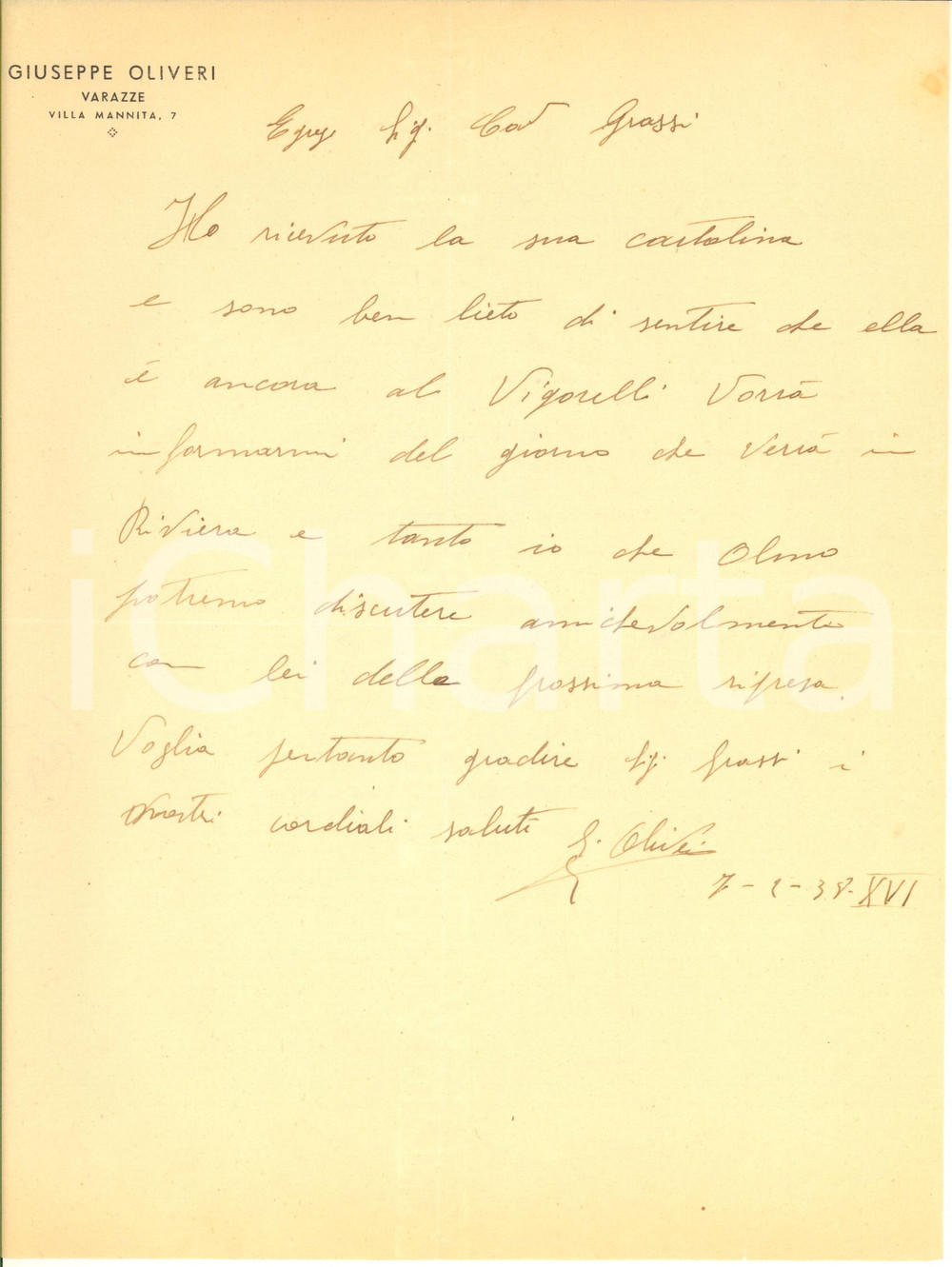 Autografo originale 1938 CICLISMO VARAZZE Lettera Giuseppe OLIVIERI per gara di Giuseppe OLMO 1