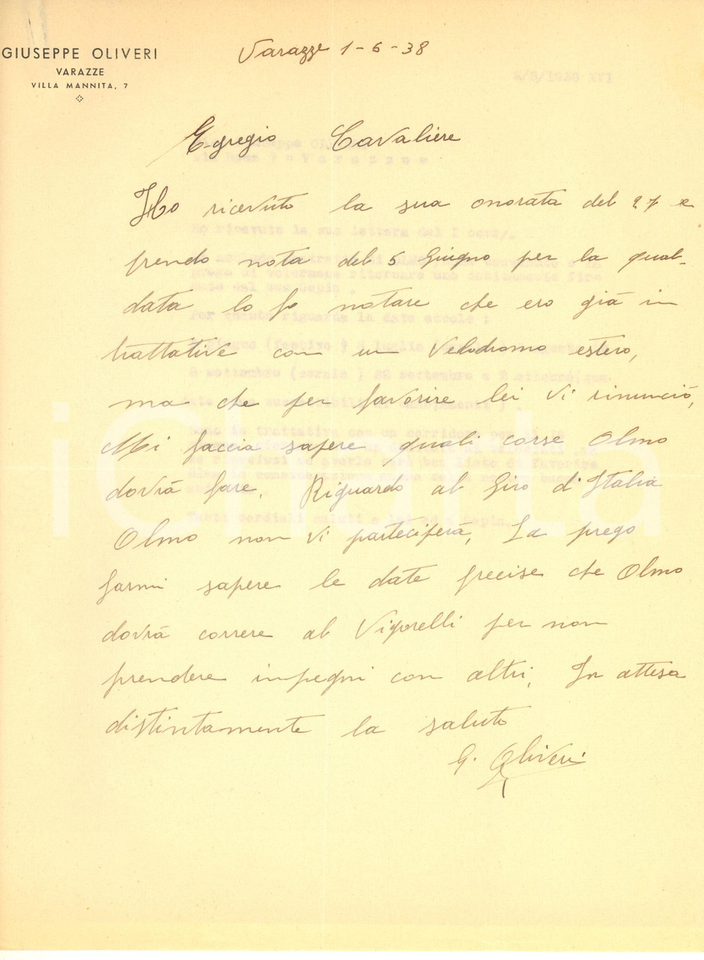 Autografo originale 1938 CICLISMO VARAZZE Giuseppe OLIVIERI cerca date per Giuseppe OLMO Autografo 1