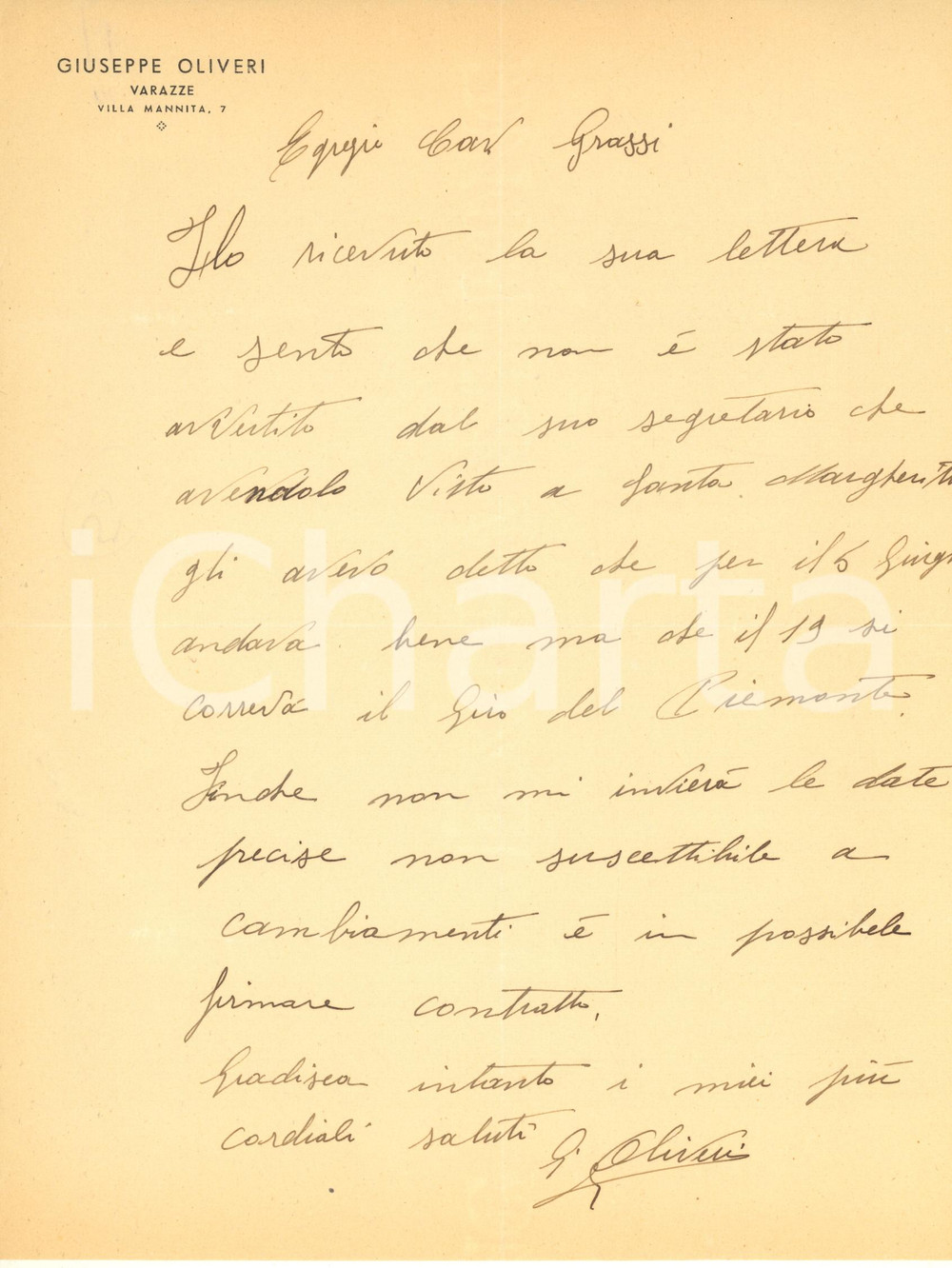 Autografo originale 1938 CICLISMO VARAZZE Giuseppe OLIVIERI su Giuseppe OLMO per ingaggio Autografo 1