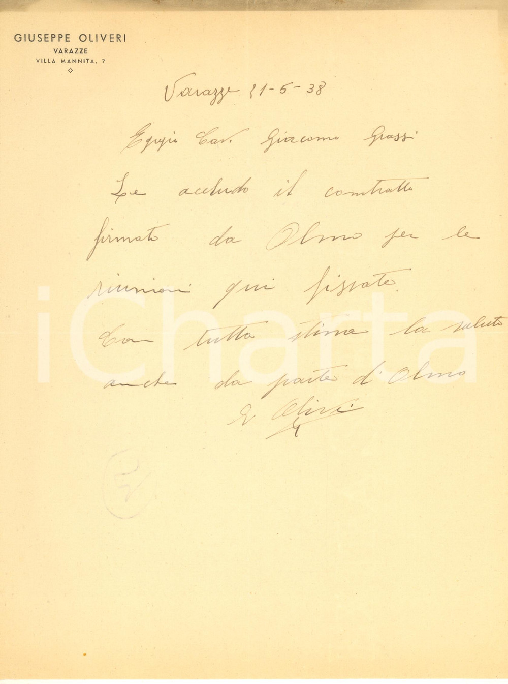 Autografo originale 1938 CICLISMO VARAZZE Giuseppe OLIVIERI su contratto di Giuseppe OLMO Autografo 1