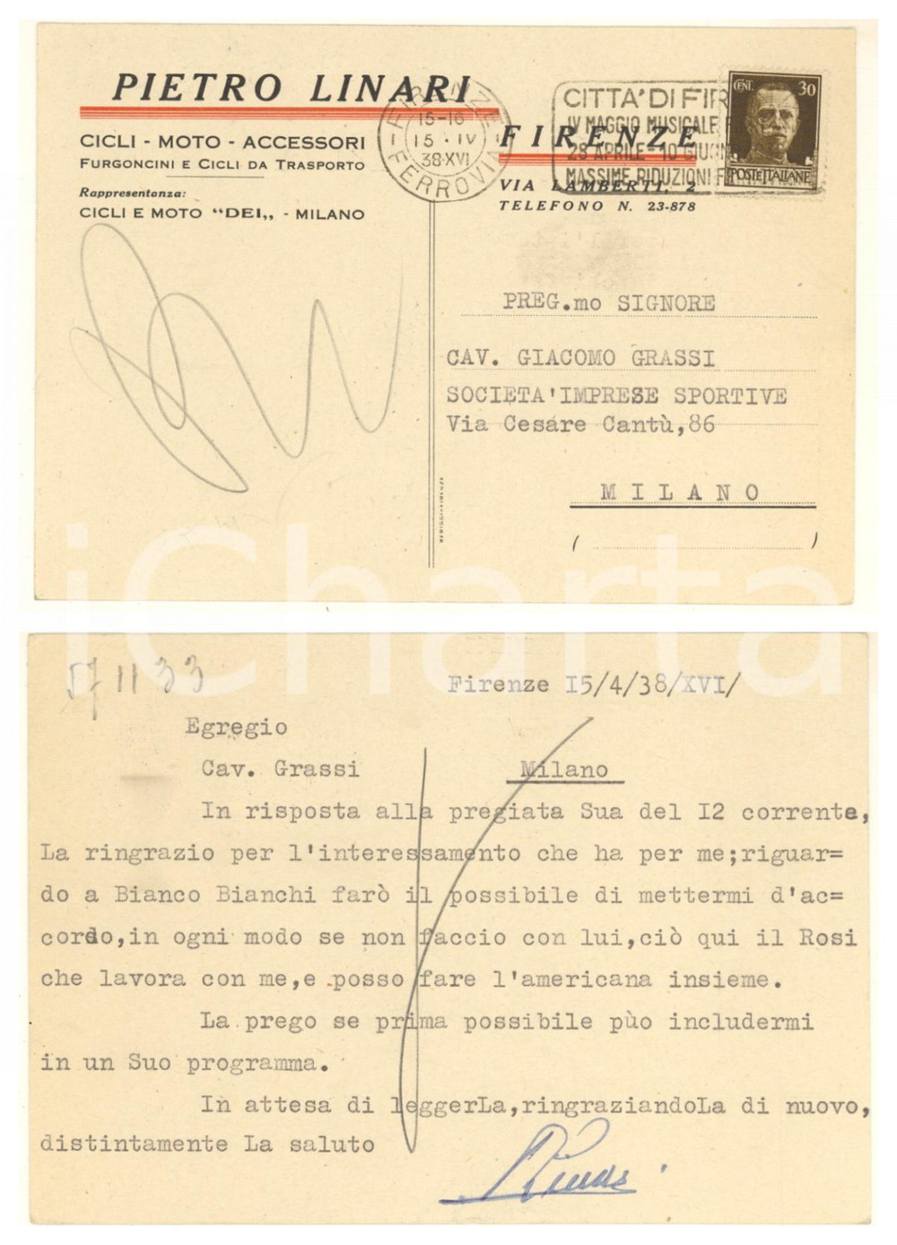 Autografo originale 1938 CICLISMO FIRENZE Pietro LINARI può correre con Bianco BIANCHI Autografo 1
