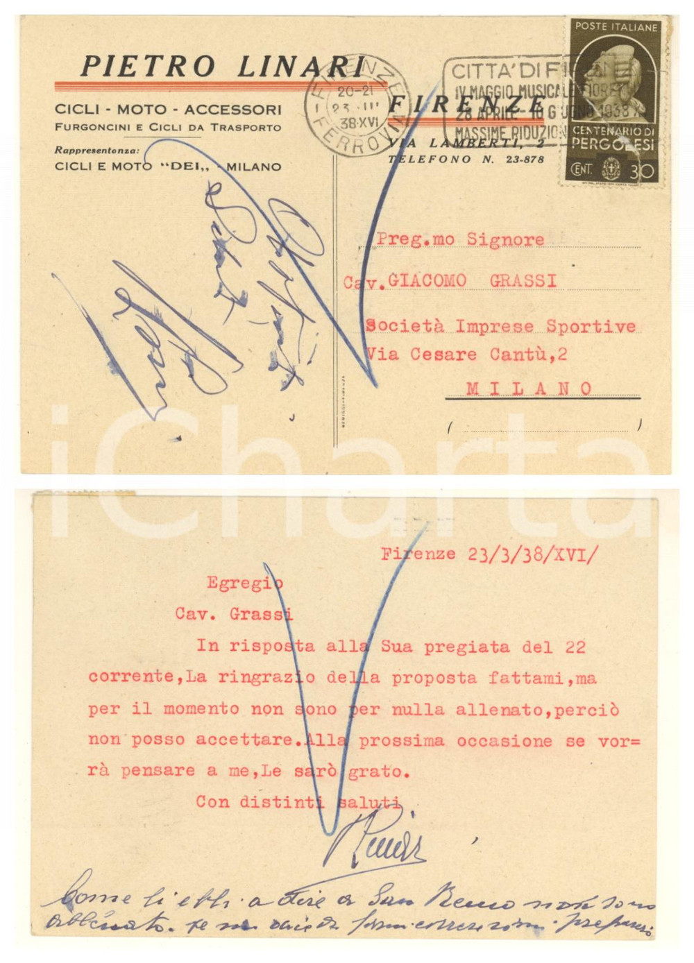 Autografo originale 1938 CICLISMO FIRENZE Pietro LINARI Non sono per nulla allenato Autografo 1