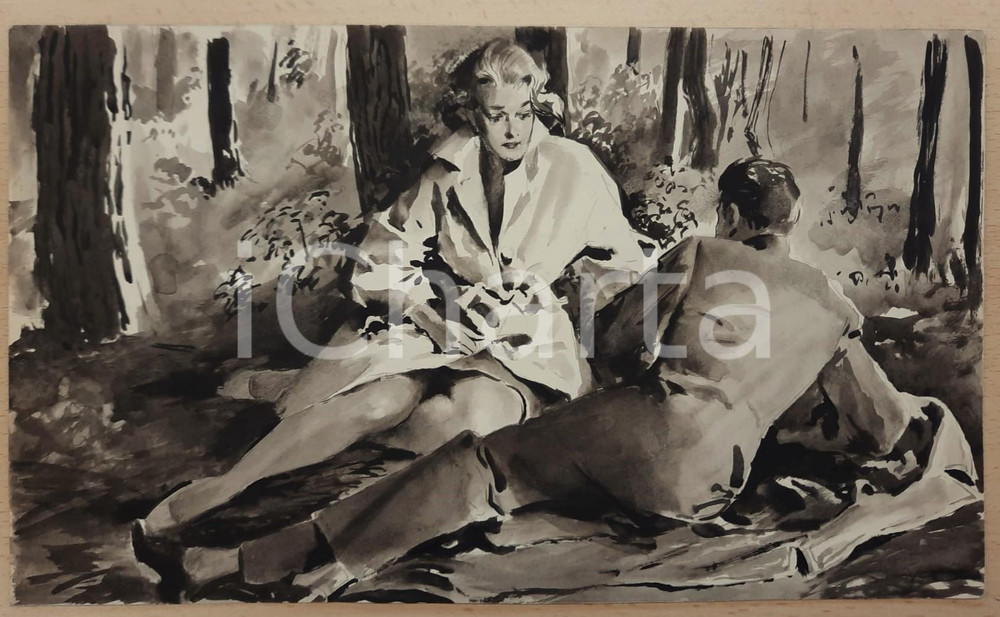 1966 Alfonso ARTIOLI "Ma perché sei venuto in pineta?" - Tavola originale 31x18 Tavola originale su carta, opera del celebre illustratore Alfonso Artioli, realizzata per "L'avventura" di Carlo Cassola e pubblicata sulla rivista "L'illustrazione del medico" n°219 del 1966.Unito l'estratto della rivista contenente il racconto con la tavola. GOOD/buono  Formato: 31x18 cm originale e autentica 1