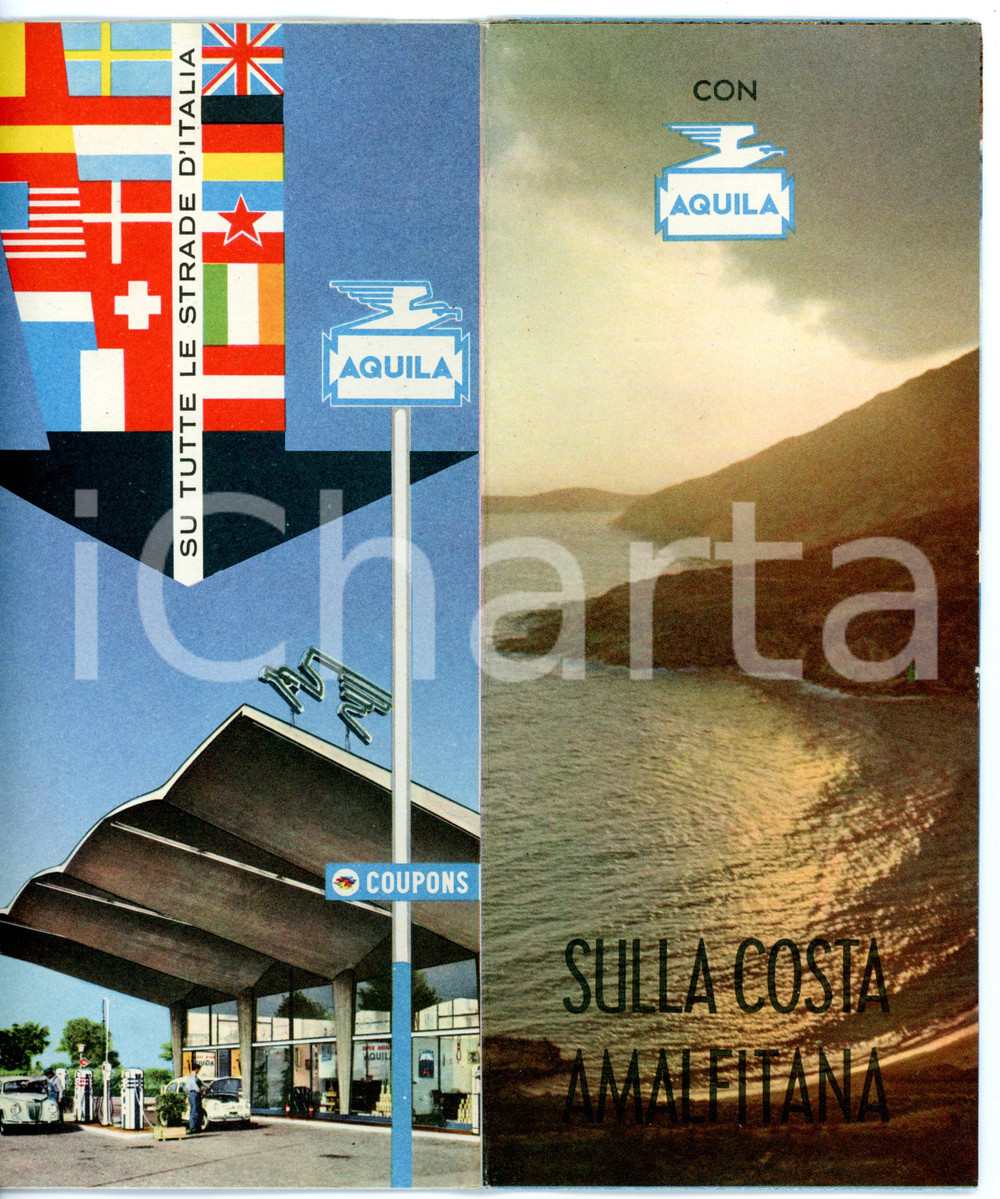 1962 AQUILA ENERGIE Sulla costa amalfitana - Pieghevole illustrato Pieghevole d'epoca, con illustrazioni a colori.  GOOD/buono  Formato: 10x24 cm originale e autentica 1
