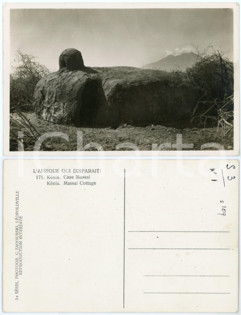 1930 C. ZAGOURSKI «L'Afrique qui disparaît» KENIA Case MASSAI *Postcard 171  Fotocartolina postale d'epoca, appartenente alla 2^serie «L'Afrique qui disparaît» del fotografo Casimir Zagourski (Léopoldville).N°171, non viaggiata. GOOD/buono  Formato: 14x9 cm originale e autentica 1