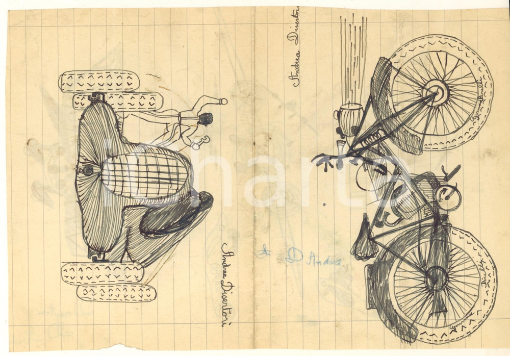 1940 ca MILANO Andrea DISERTORI - Moto e aeroplani *Disegno doppio AUTOGRAFO Coppia di disegni a china, realizzati sui due lati di uno stesso foglio da un giovanissimo Andrea Disertori (futuro architetto e illustratore), entrambi con firma autografa. POOR/danneggiato piegature d'epoca; piccoli strappi Formato: 28x18 cm originale e autentica 1