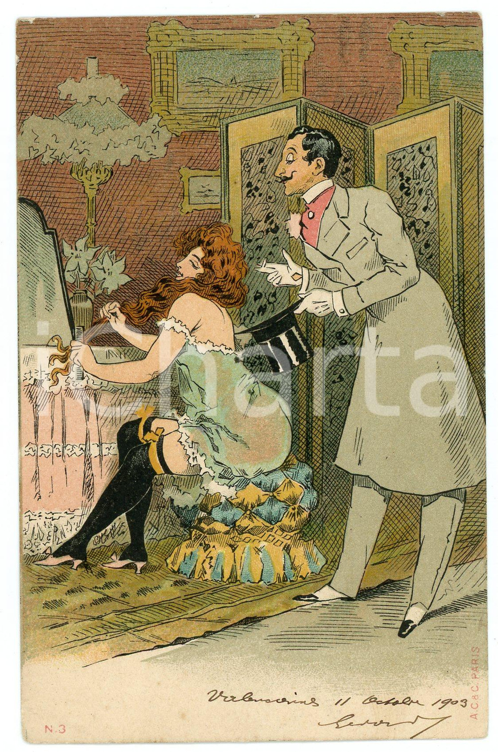 1900 ca VINTAGE EROTIC Couple in a boudoir - Illustrated chromo postcard 1  Cartolina postale d'epoca, non viaggiata. GOOD/buono ma minima piegatura angolare Formato: 9x14 cm originale e autentica 1