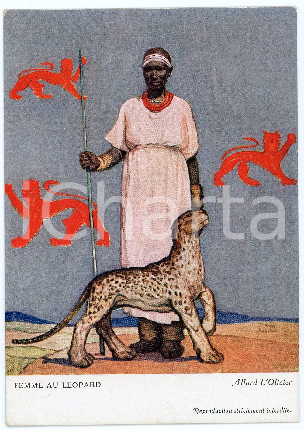 1931 CONGO BELGE Fernand ALLARD L'OLIVIER Femme au leopard - Postcard FG NV 2 Cartolina d'epoca, non viaggiata.EDITORE: La Loterie Coloniale FAIR/discreto Lievi smussature agli angoli Formato: FG originale e autentica 1